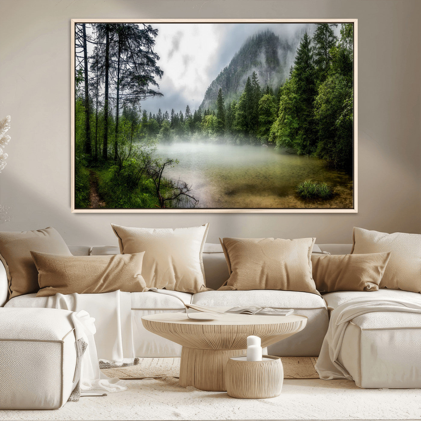 93123937-MGV-CV-36X24-Landscape Wall Art – Misty Mountain Lake Canvas Print, Tranquil Forest and Waterfall Photography Decor for Bedroom, Living Room,