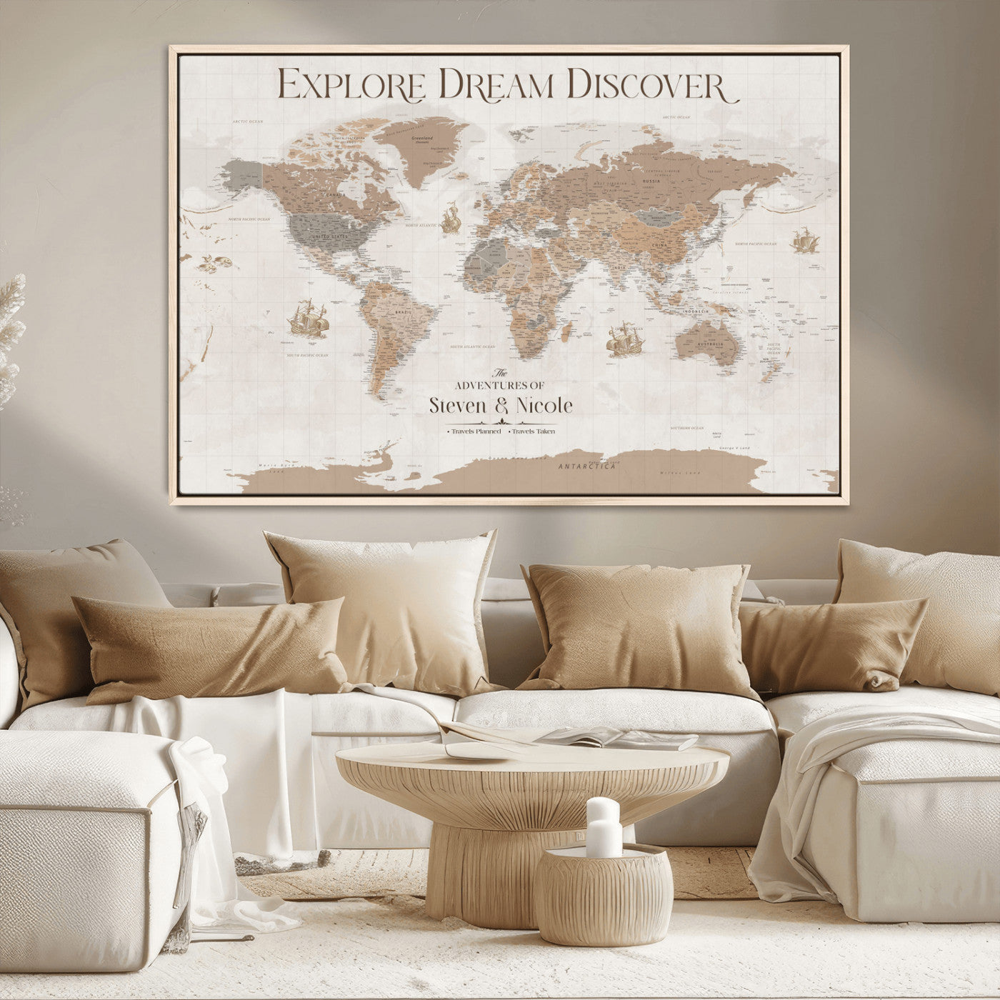 56148717-MGV-CV-36X24-Personalized World Map Wall Art – Neutral Beige & Brown Vintage Adventure Travel Map with Custom Couple Names, Classic Wall Decor