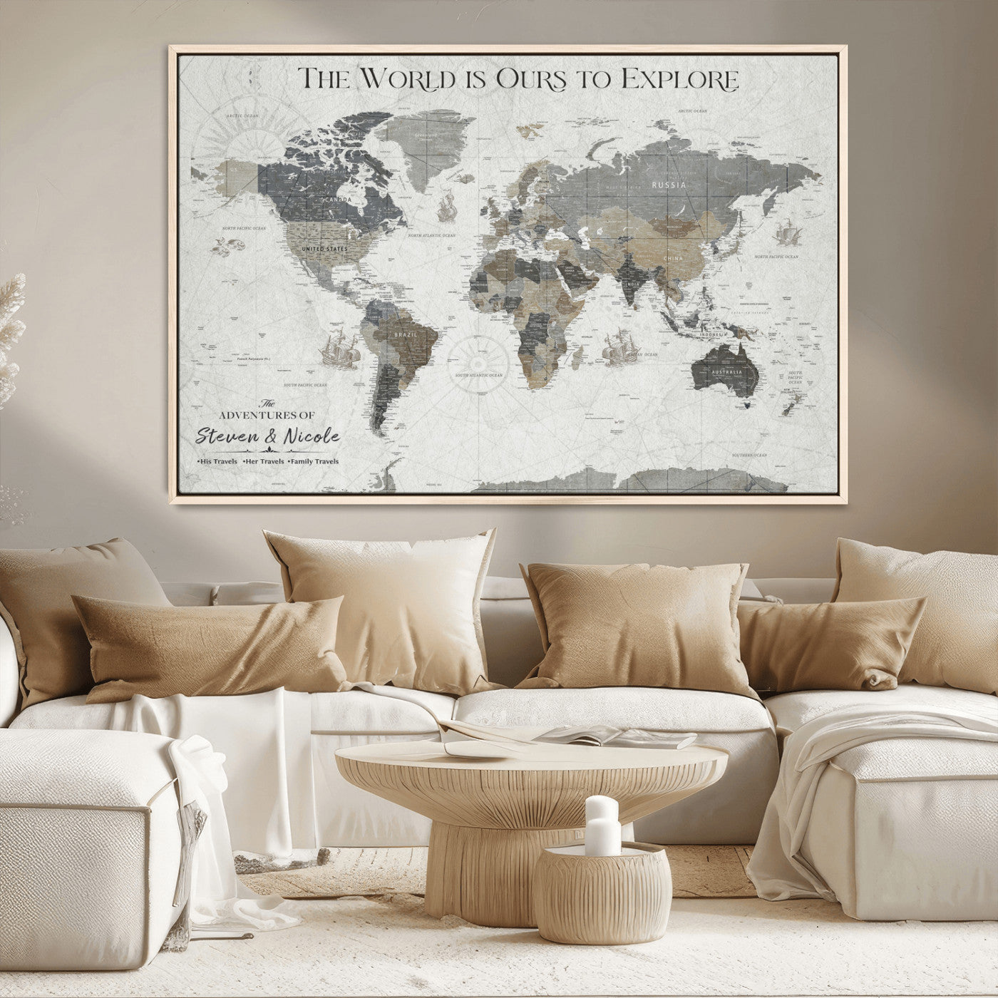 97082026-MGV-CV-36X24-Personalized World Map Wall Art – Vintage Gray Adventure Travel Map with Custom Couple or Family Names, Rustic Wall Decor for Home