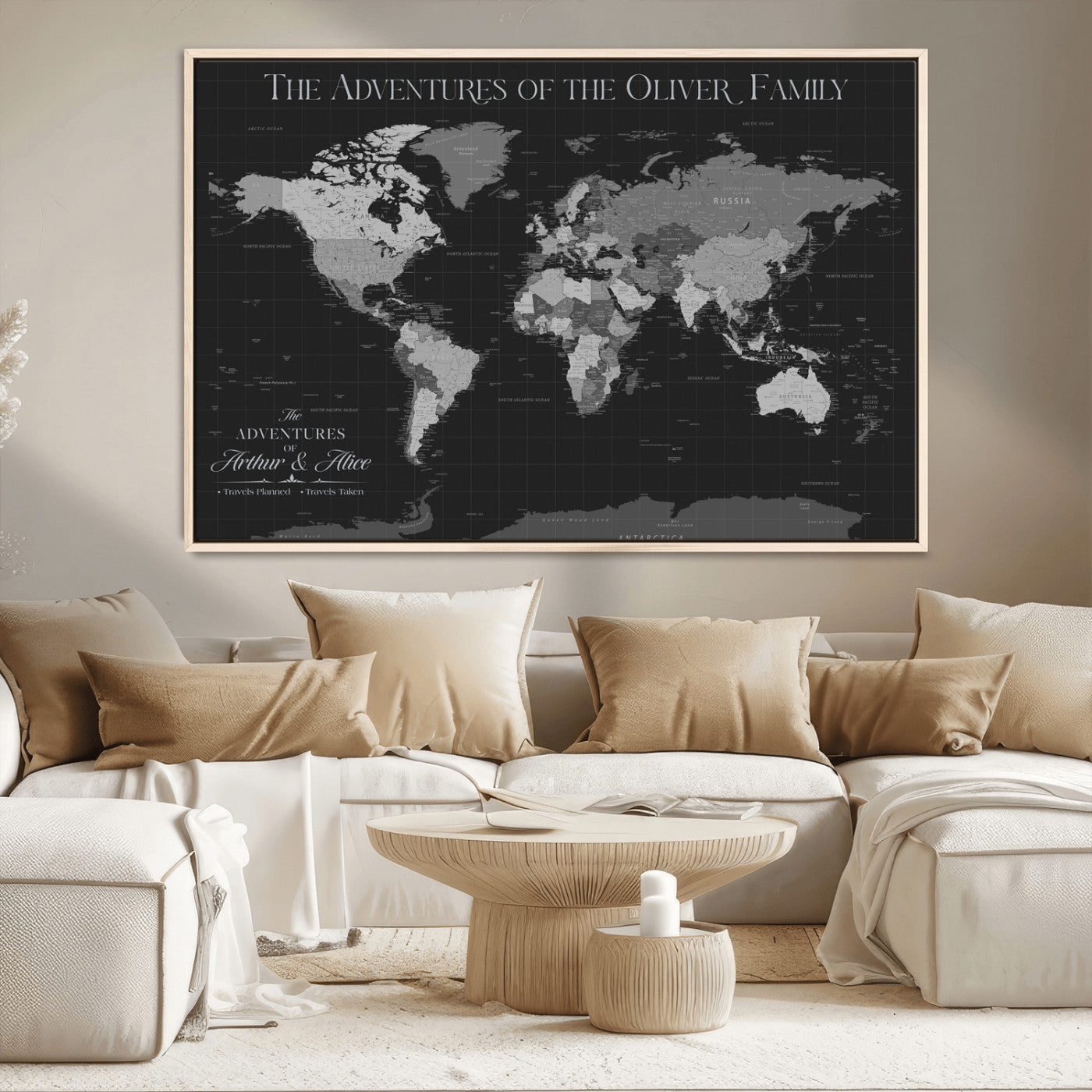 46064114-MGV-CV-36X24-Personalized World Map Wall Art – Black & Grey Adventure Travel Map with Custom Family or Couple Names, Modern Wall Decor for Home