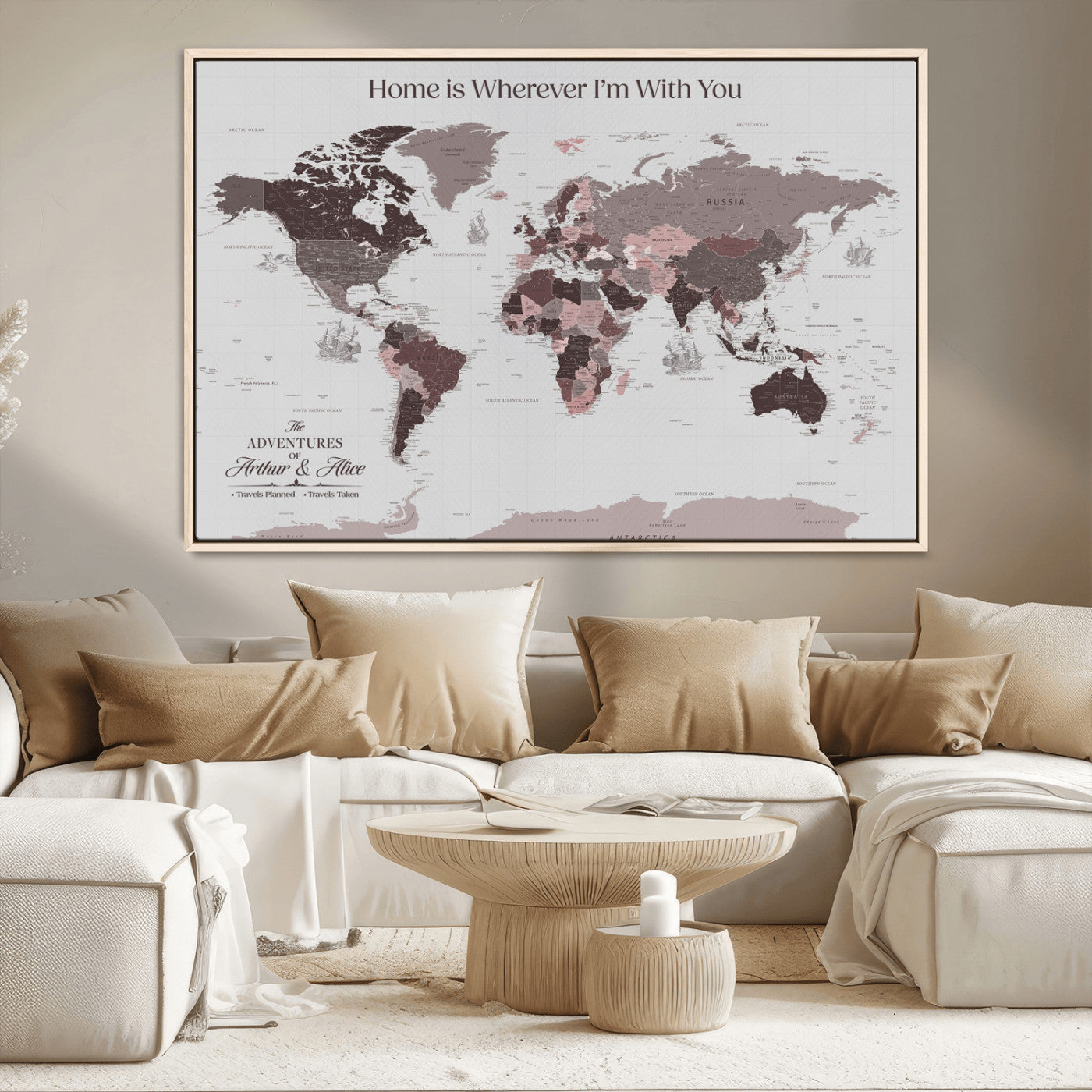 33204797-MGV-CV-36X24-Personalized World Map Wall Art – Burgundy & Grey Adventure Travel Map with Custom Names, Romantic Wall Decor for Couples, Home or