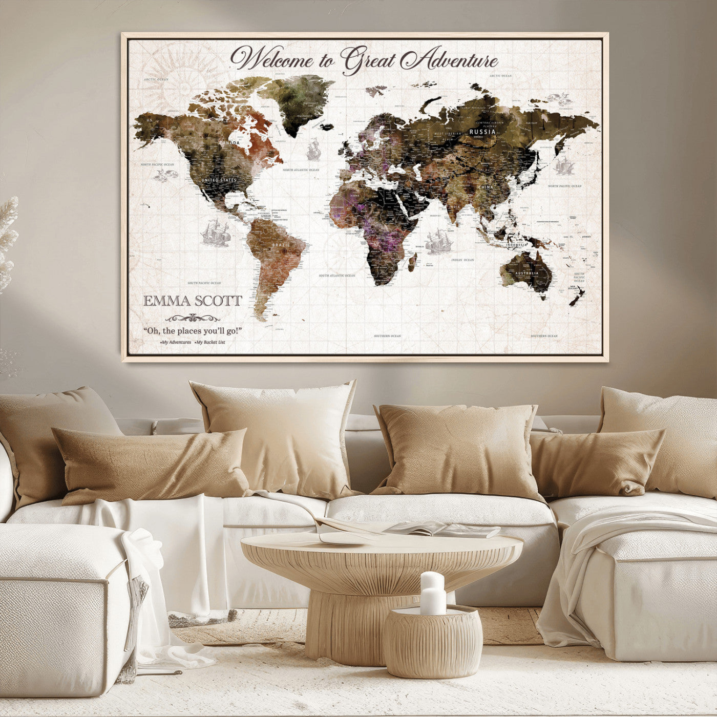 33631532-MGV-CV-36X24-Personalized World Map Wall Art – Dark Vintage Adventure Travel Map with Custom Names, Rustic Wall Decor for Couples, Home or