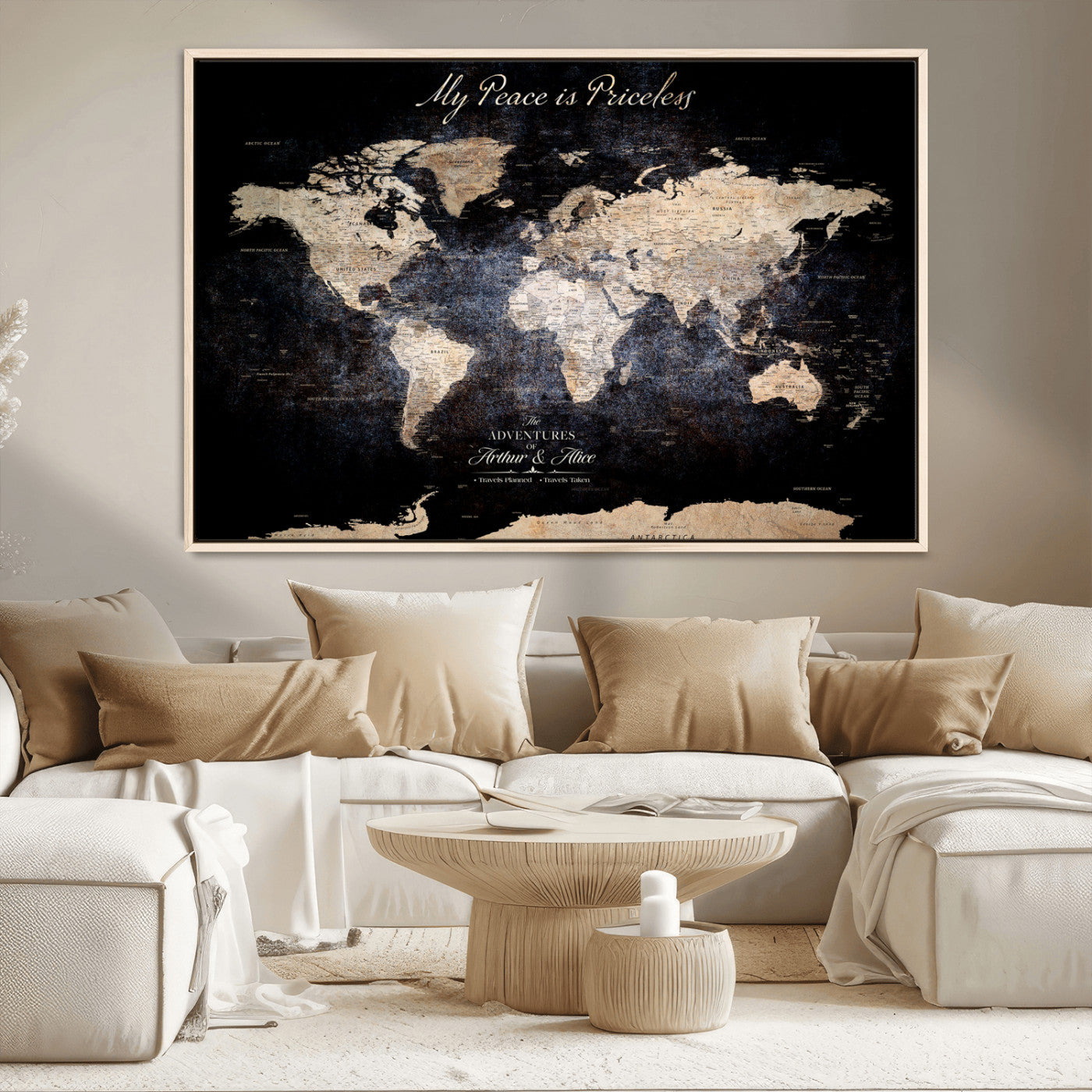 51488142-MGV-CV-36X24-Personalized World Map Wall Art – Dark Rustic Adventure Travel Map with Custom Names, Vintage Wall Decor for Couples, Families or