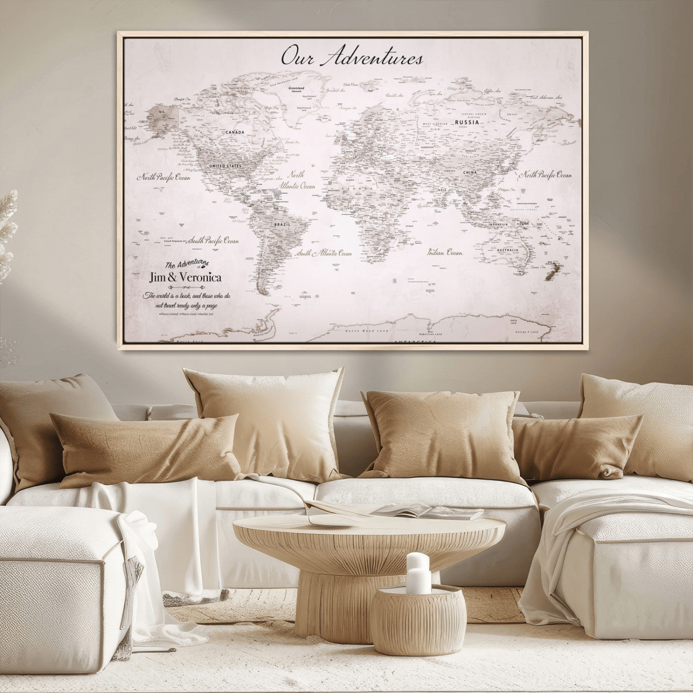 11706567-MGV-CV-36X24-Personalized World Map Wall Art – Minimalist Beige Adventure Travel Map with Custom Names, Elegant Push Pin Canvas for Couples,