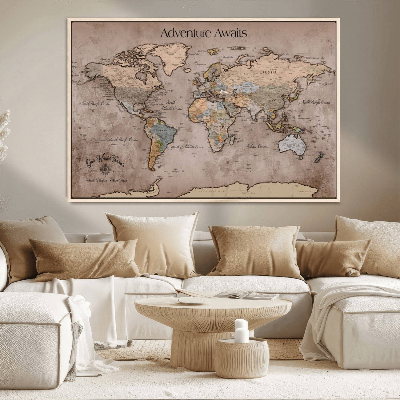 93226713-MGV-CV-36X24-Personalized World Map Wall Art – Adventure Awaits Rustic Earth-Tone Travel Map with Custom Names, Vintage Wall Decor for Couples,