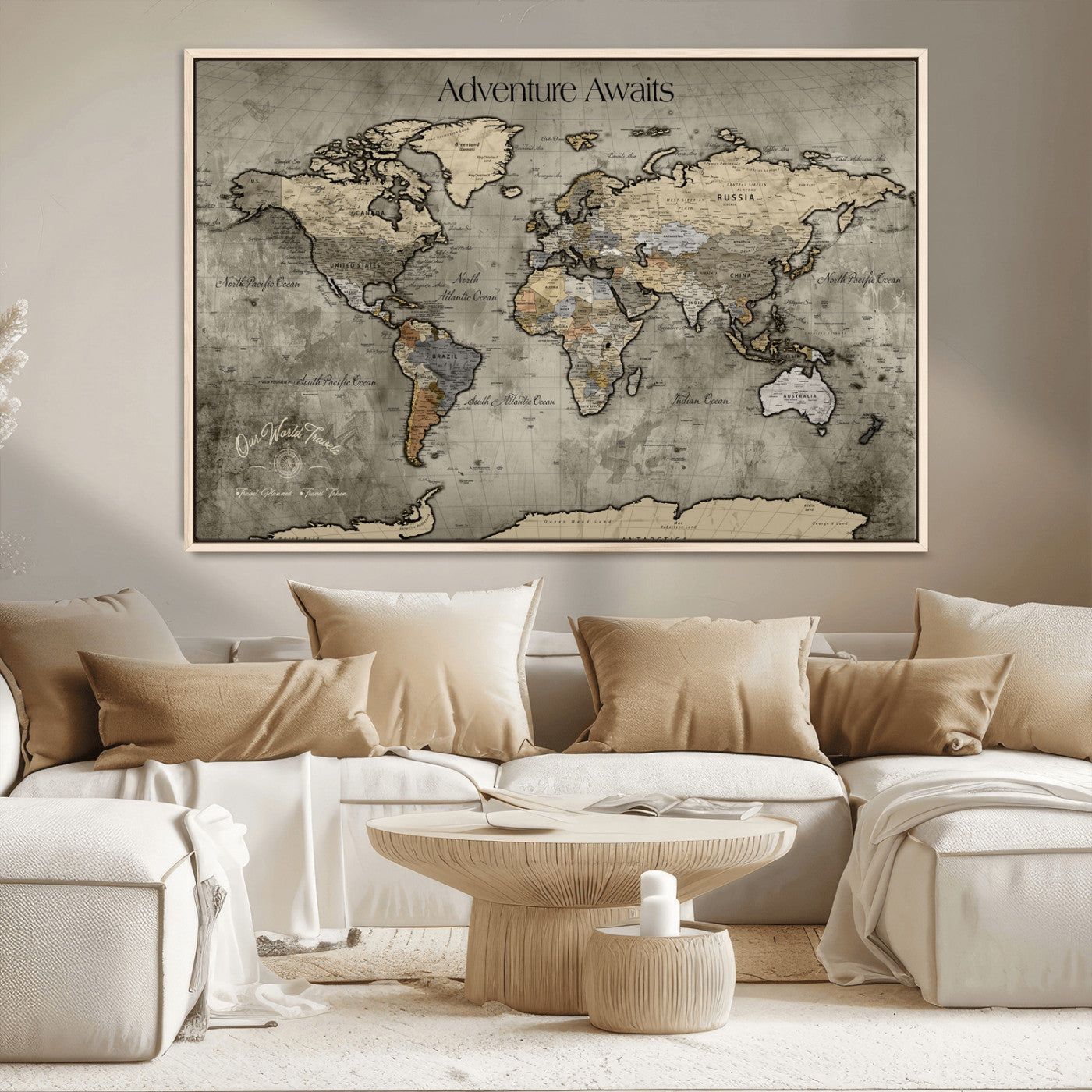 72658967-MGV-CV-36X24-Personalized World Map Wall Art – Adventure Awaits Rustic Sepia Travel Map with Custom Names, Vintage Wall Decor for Couples, Home