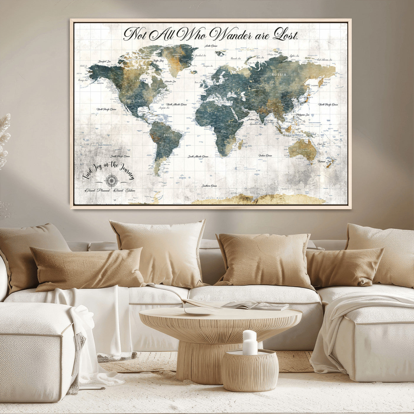 16233493-MGV-CV-36X24-Personalized World Map Wall Art – Rustic Blue Green Wanderlust Travel Map with Custom Couple Names, Vintage Wall Decor for Home