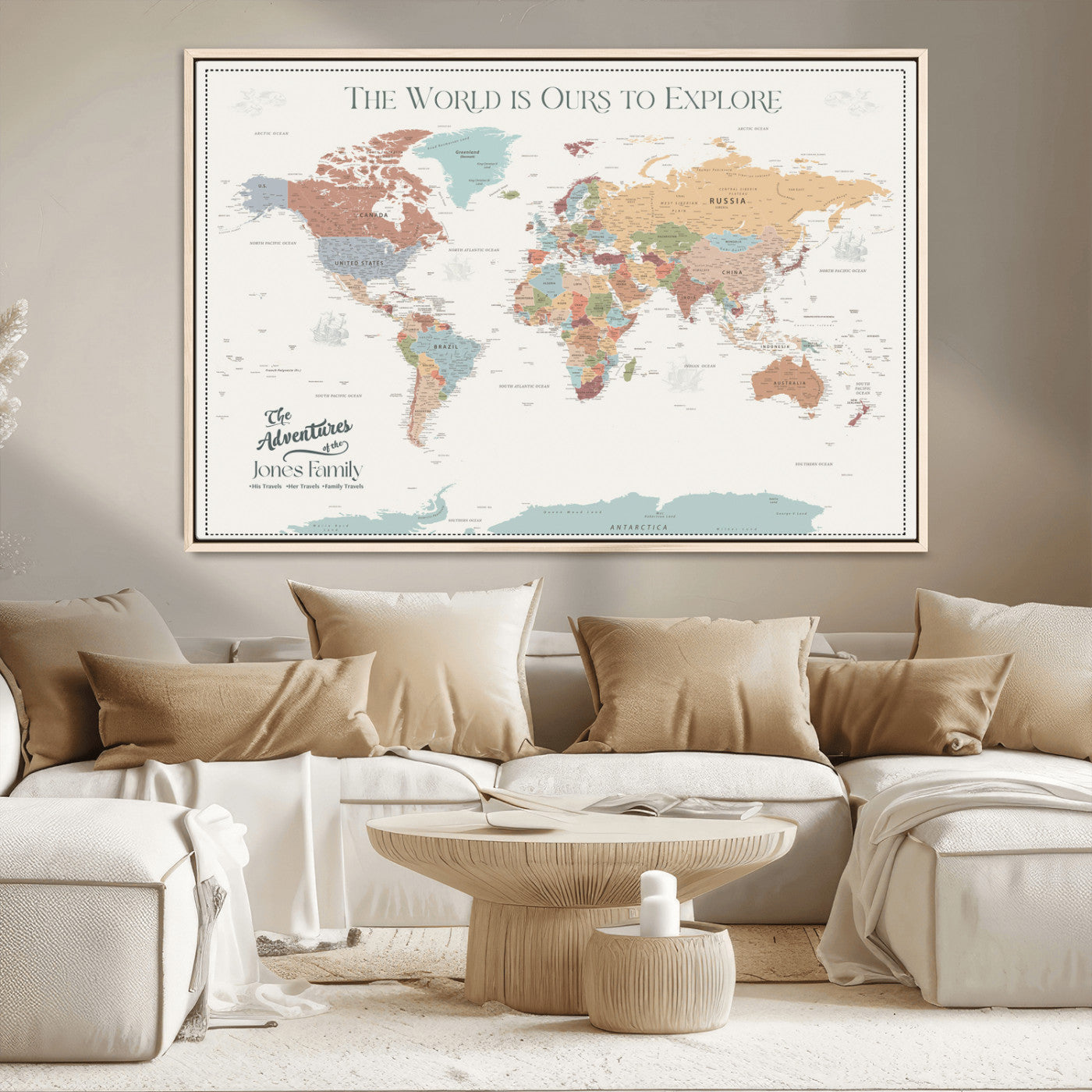 69180591-MGV-CV-36X24-Personalized World Map Wall Art – Rustic Vintage Adventure Travel Map with Custom Family Names, Unique Wall Decor for Couples,