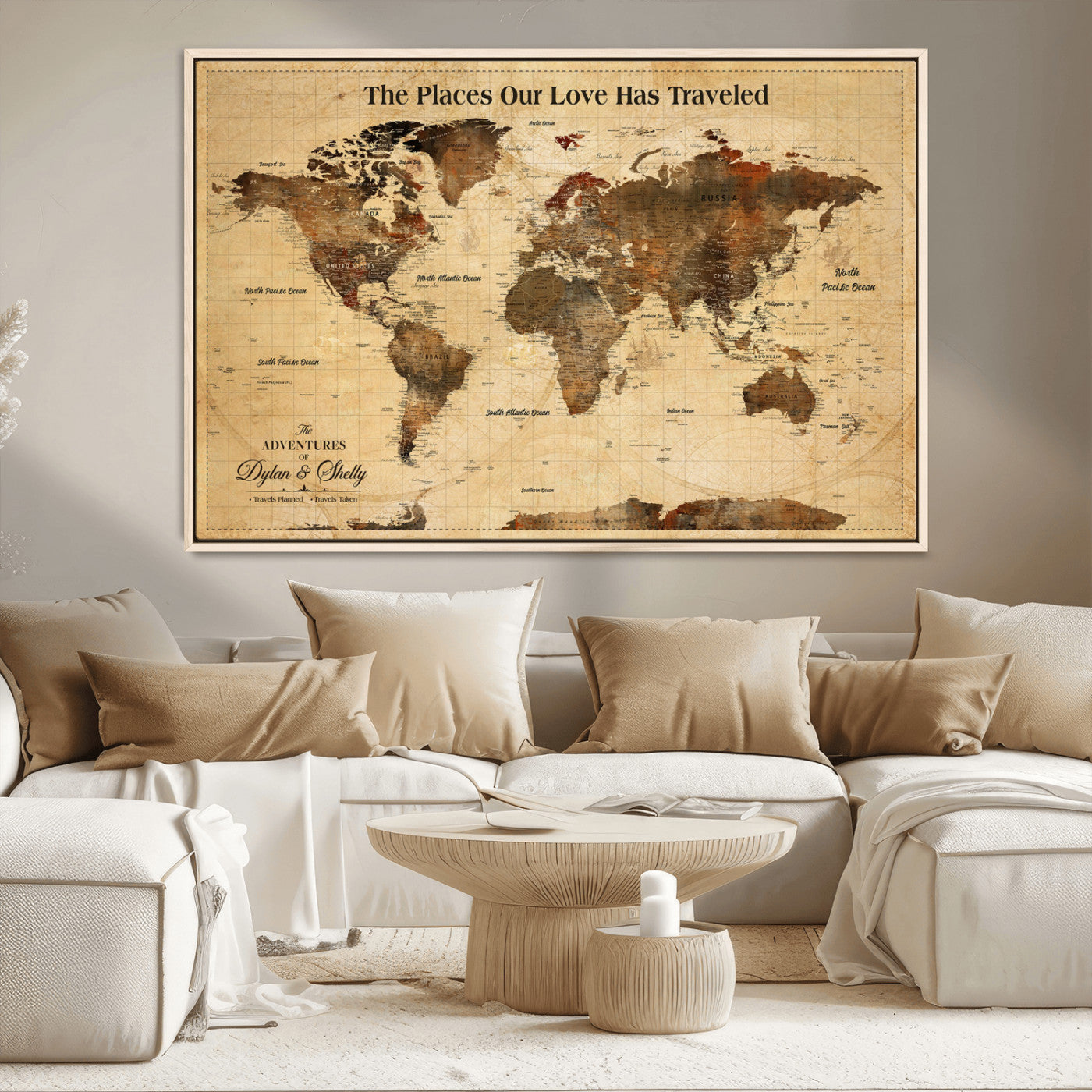50680593-MGV-CV-36X24-Personalized World Map Wall Art – Rustic Brown Adventure Travel Map with Custom Names, Elegant Push Pin Canvas for Couples Home,