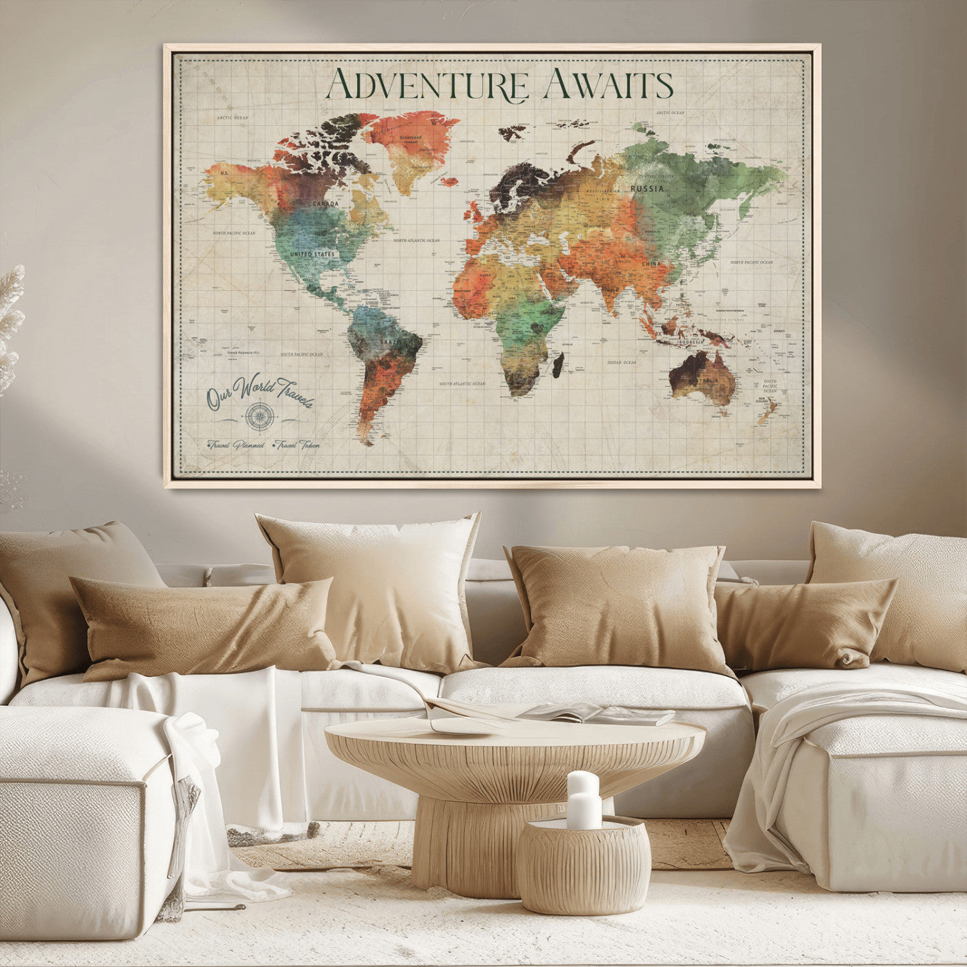 24737989-MGV-CV-36X24-Personalized World Map Wall Art – Colorful Vintage Adventure Travel Map with Custom Names, Unique Wall Decor for Couples,