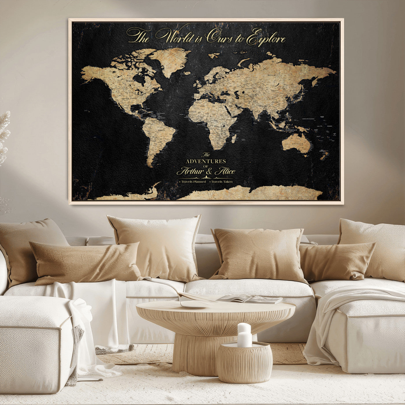 98947257-MGV-CV-36X24-Personalized World Map Wall Art – Vintage Black Adventure Travel Map with Custom Names, Elegant Push Pin Canvas for Couples Home