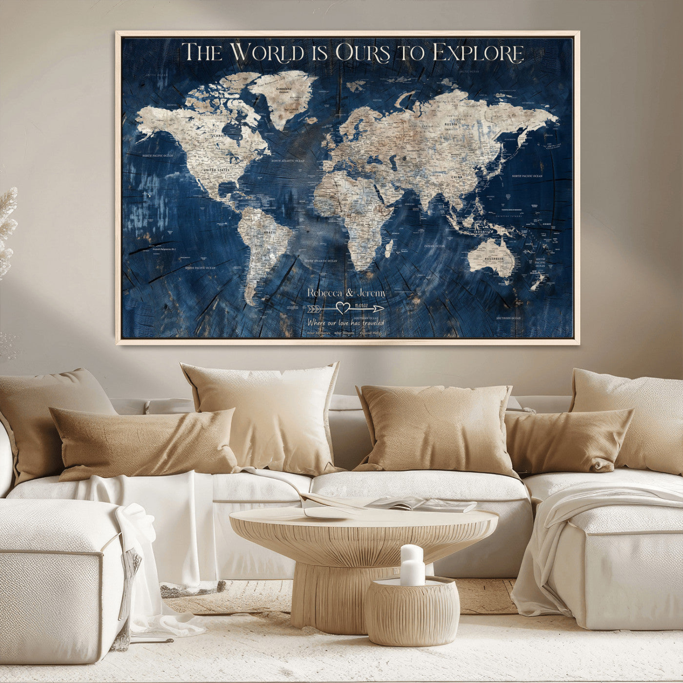 16933330-MGV-CV-36X24-Personalized World Map Wall Art – Navy Blue Vintage Travel Map with Custom Names, Anniversary Gift for Couples Romantic Adventure