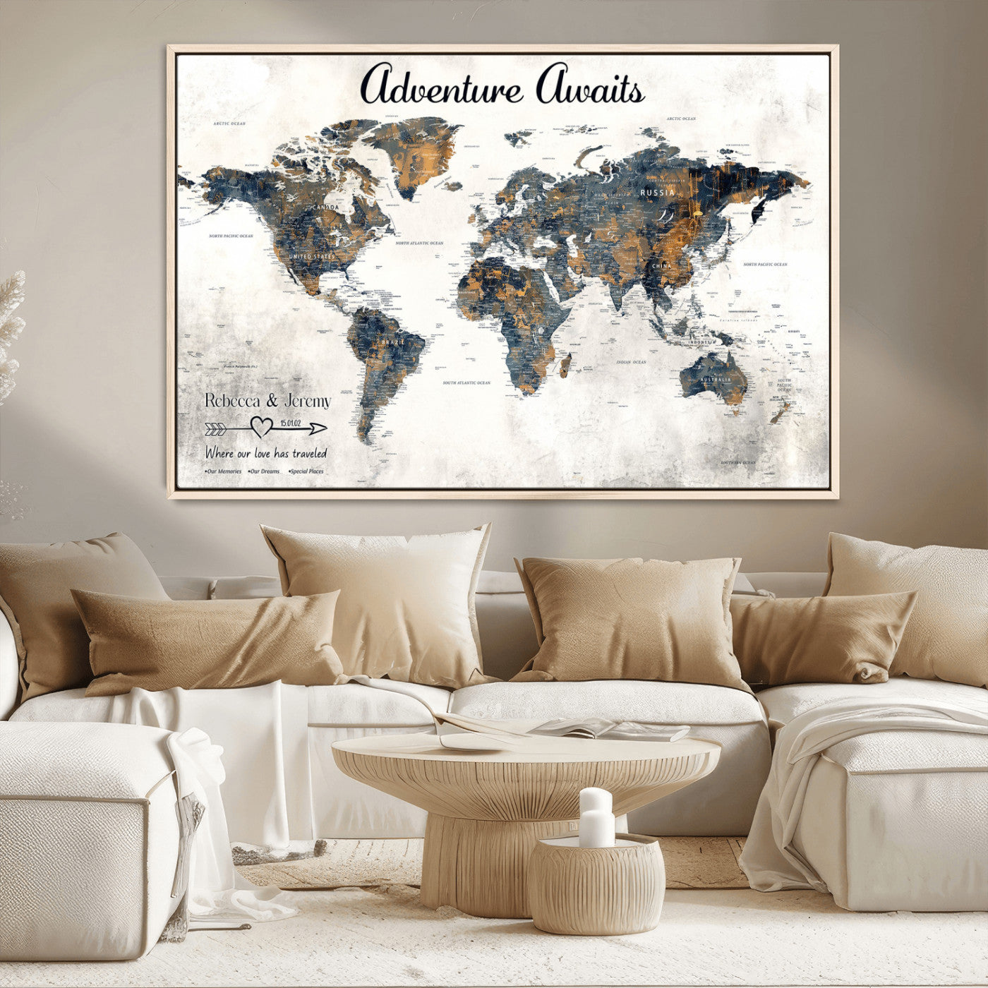 11751559-MGV-CV-36X24-Personalized World Map Wall Art – Elegant Adventure Travel Tracker Map for Couples & Families, Push Pin Canvas Poster Decor for Home, Office