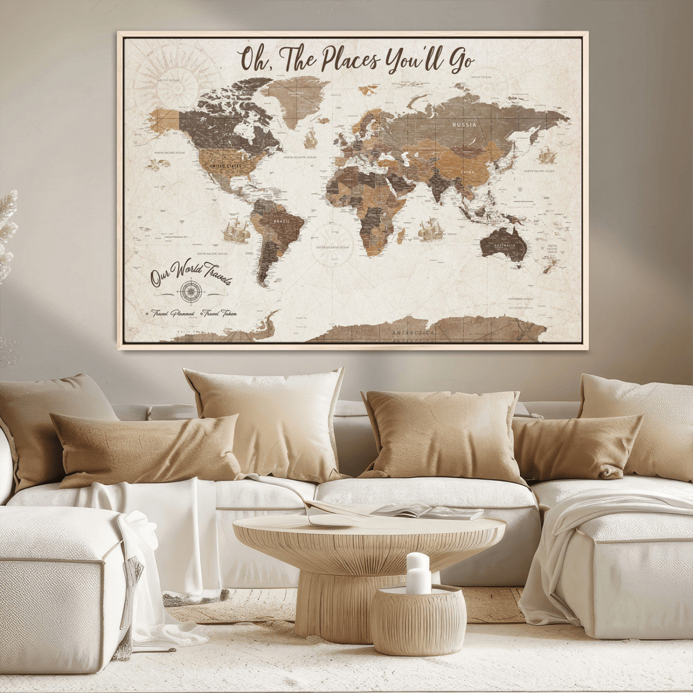 14140137-MGV-CV-36X24-Personalized World Map Wall Art – Vintage Nautical Adventure Map with Ships and Compass, Rustic Sepia Tones for Travel Lovers and