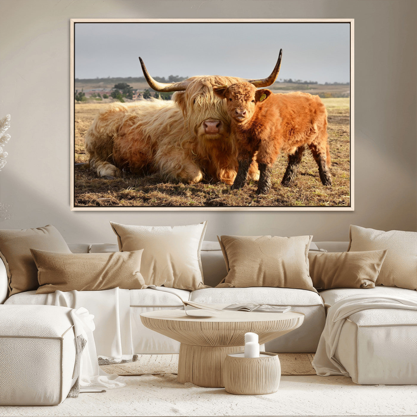 88780-MGV-CV-36X24-Highland Cow Wall Art Canvas Print, Framed Cow Calf Art Picture Print, Scottish Cattle Perfect Rustic Farmhouse Decor Artwork