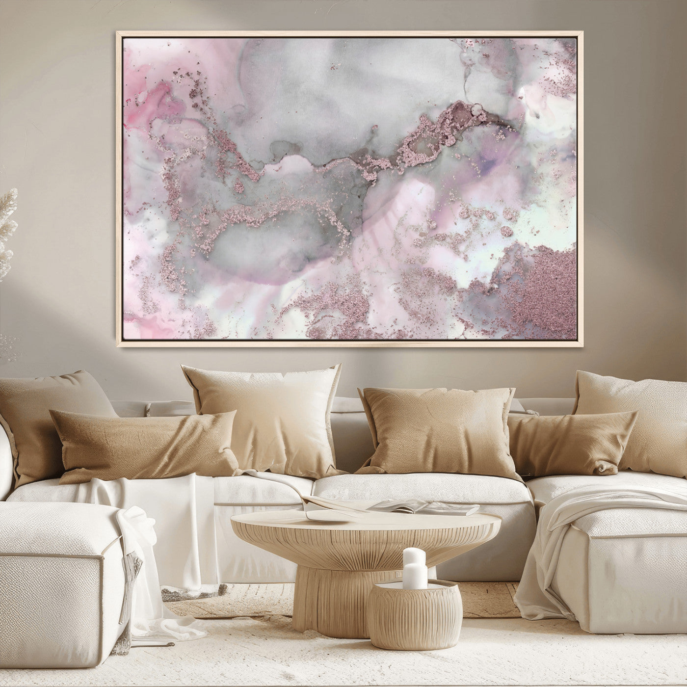 16416-MGV-CV-36X24-Blush Marble Wall Art Canvas Print, Framed Rose Gold Art Picture Print, Pink Cloudy Perfect Modern Glam Decor Artwork