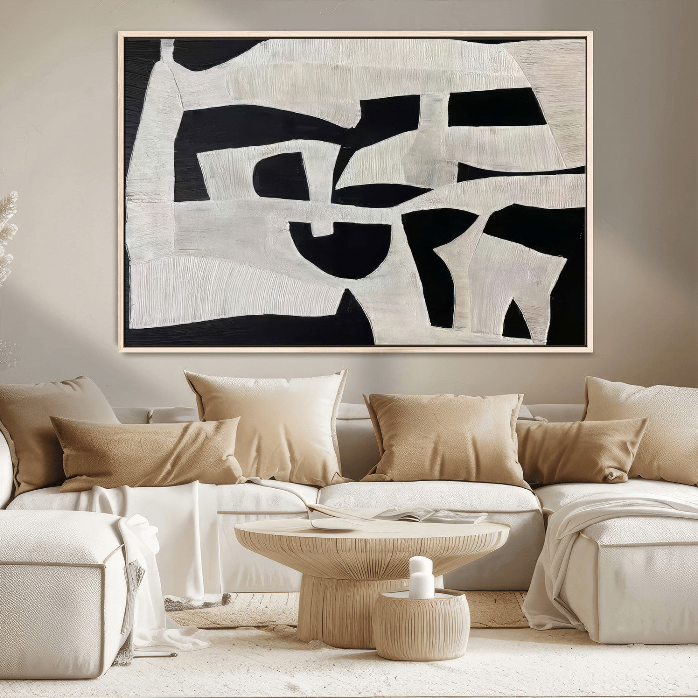 33714-MGV-CV-36X24-Monochrome Design Wall Art Canvas Print, Framed Modern Linework Art Picture Print, Textured Shapes Perfect Monochrome Modern Decor