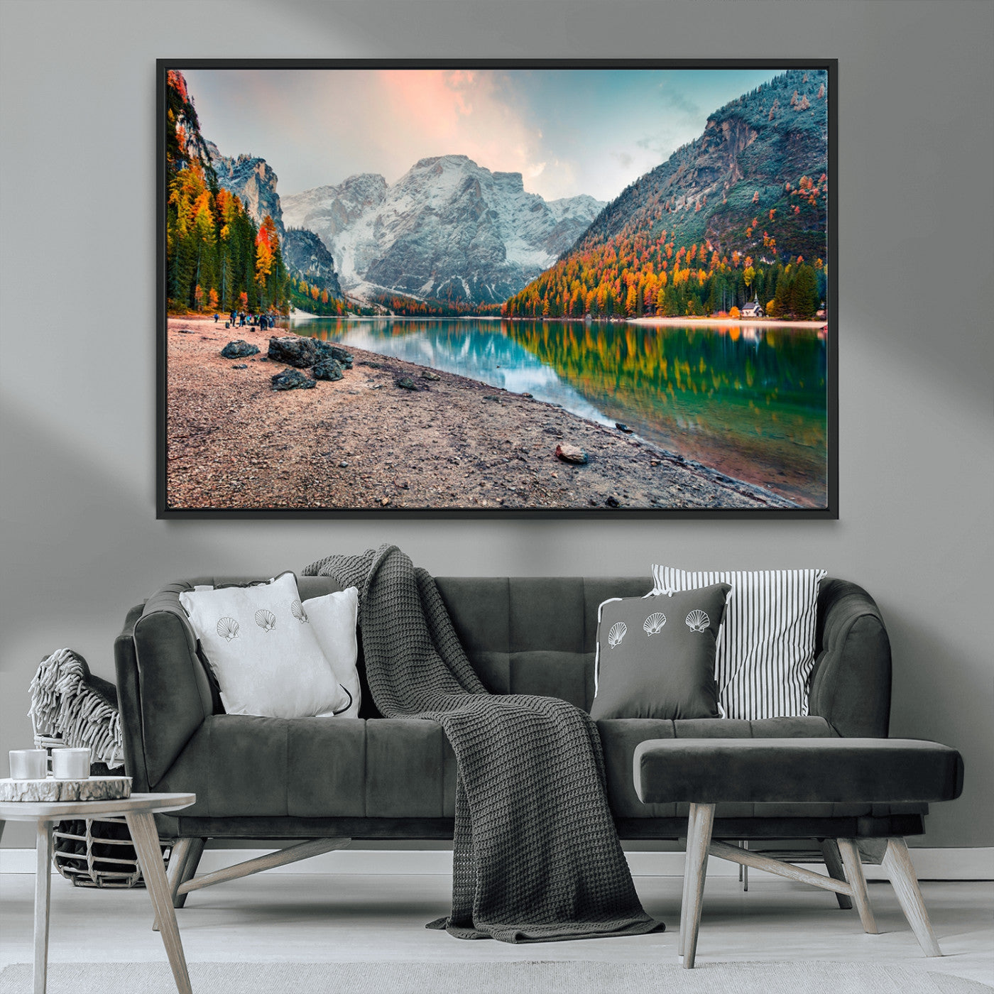 25982-MGV-CV-36X24-Autumn Mountain Lake Wall Art – Panoramic Fall Foliage and Snowy Peaks Canvas Print, Scenic Nature Decor for Living Room or Office