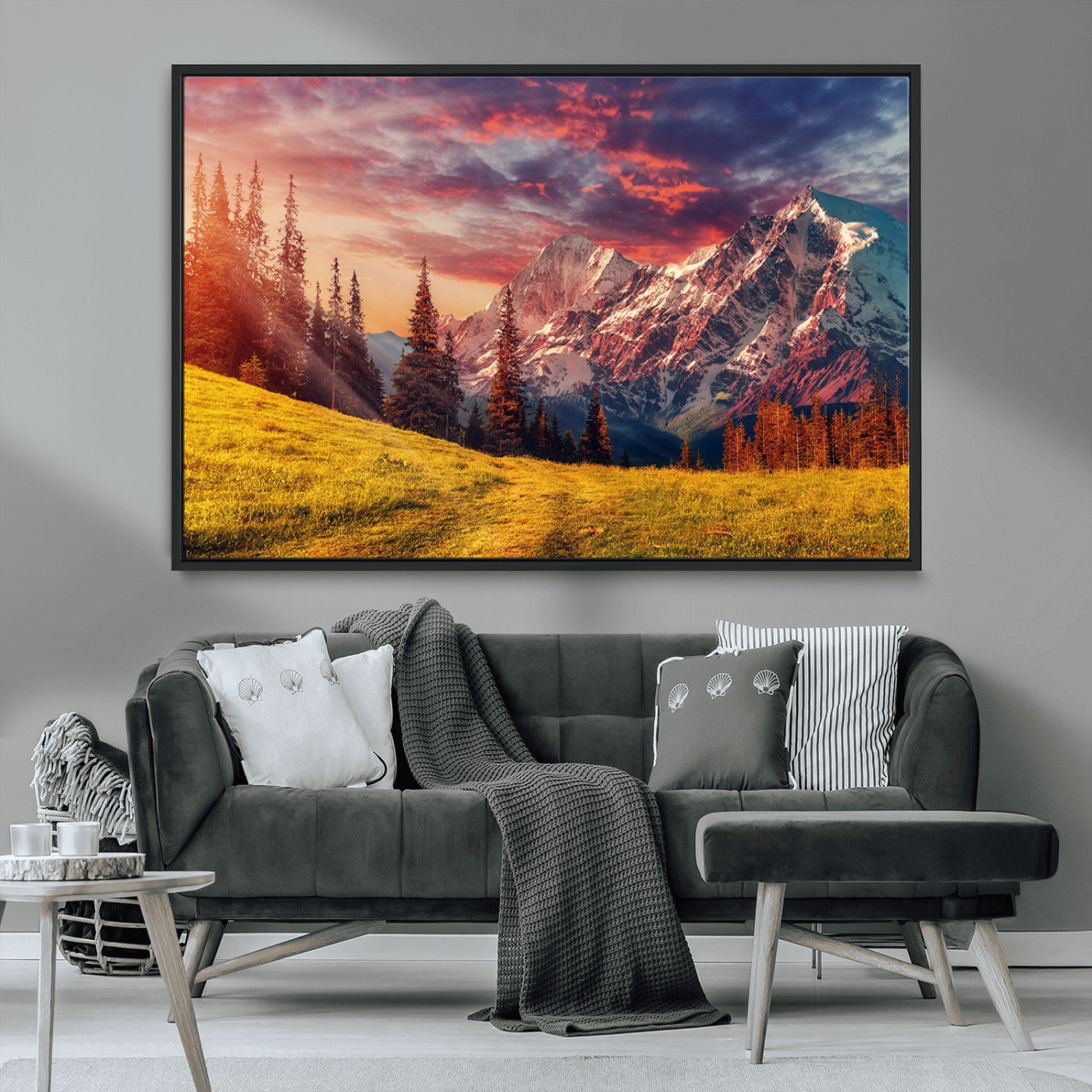 83947-MGV-CV-36X24-Sunset Mountain Landscape Wall Art – Panoramic Alpine Meadow and Snow Capped Peaks Canvas Print, Nature Scenic Decor for Home,