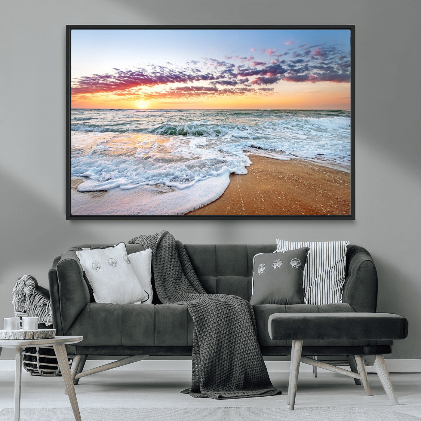 39560-MGV-CV-36X24-Sunrise Beach Wall Art – Vibrant Ocean Waves and Golden Sand Canvas Print, Seaside Coastal Decor for Living Room, Bedroom or