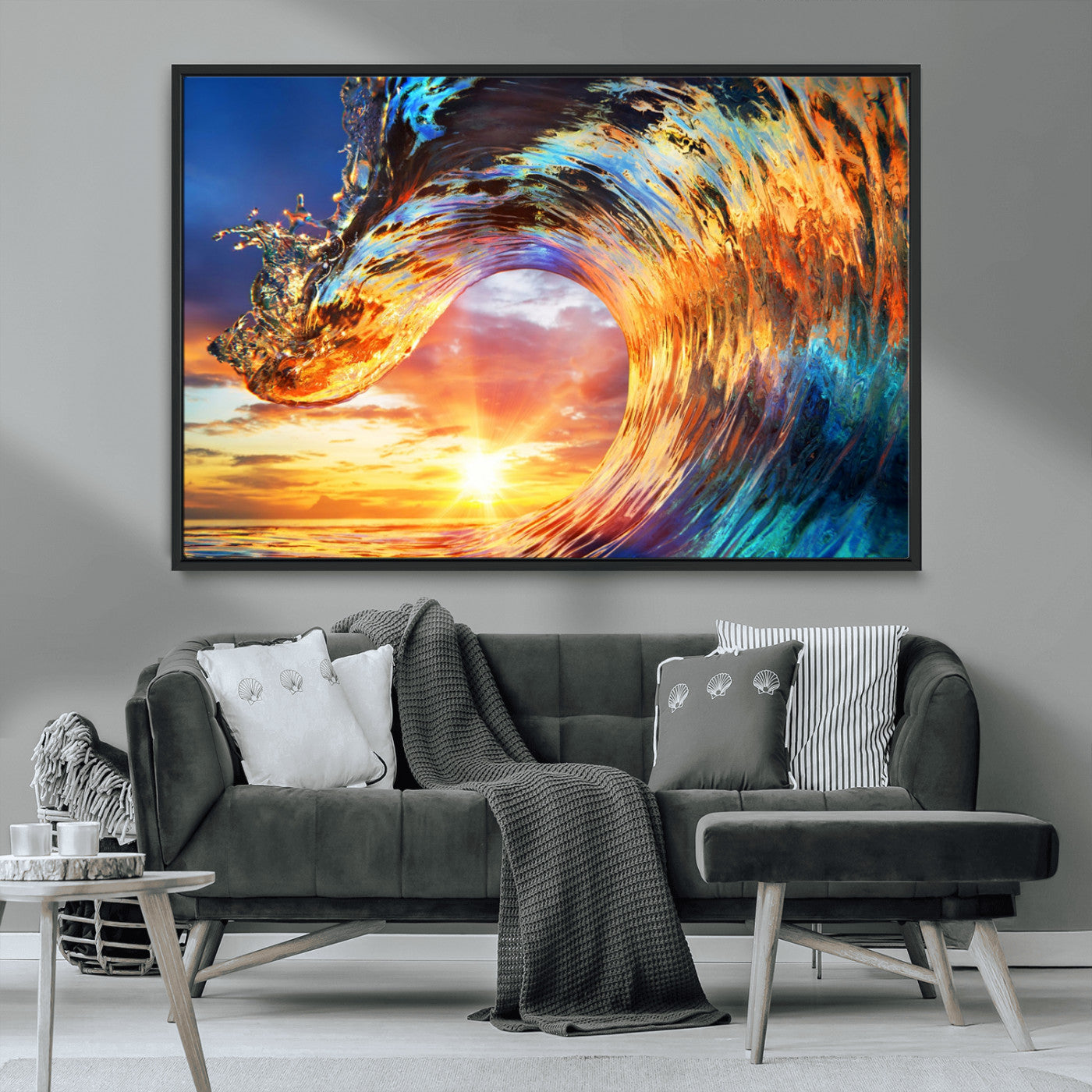 52890-MGV-CV-36X24-Surfing Wave Wall Art Canvas Print, Framed Sunset Ocean Art Picture Print, Ocean Wave Perfect Nautical Decor Artwork