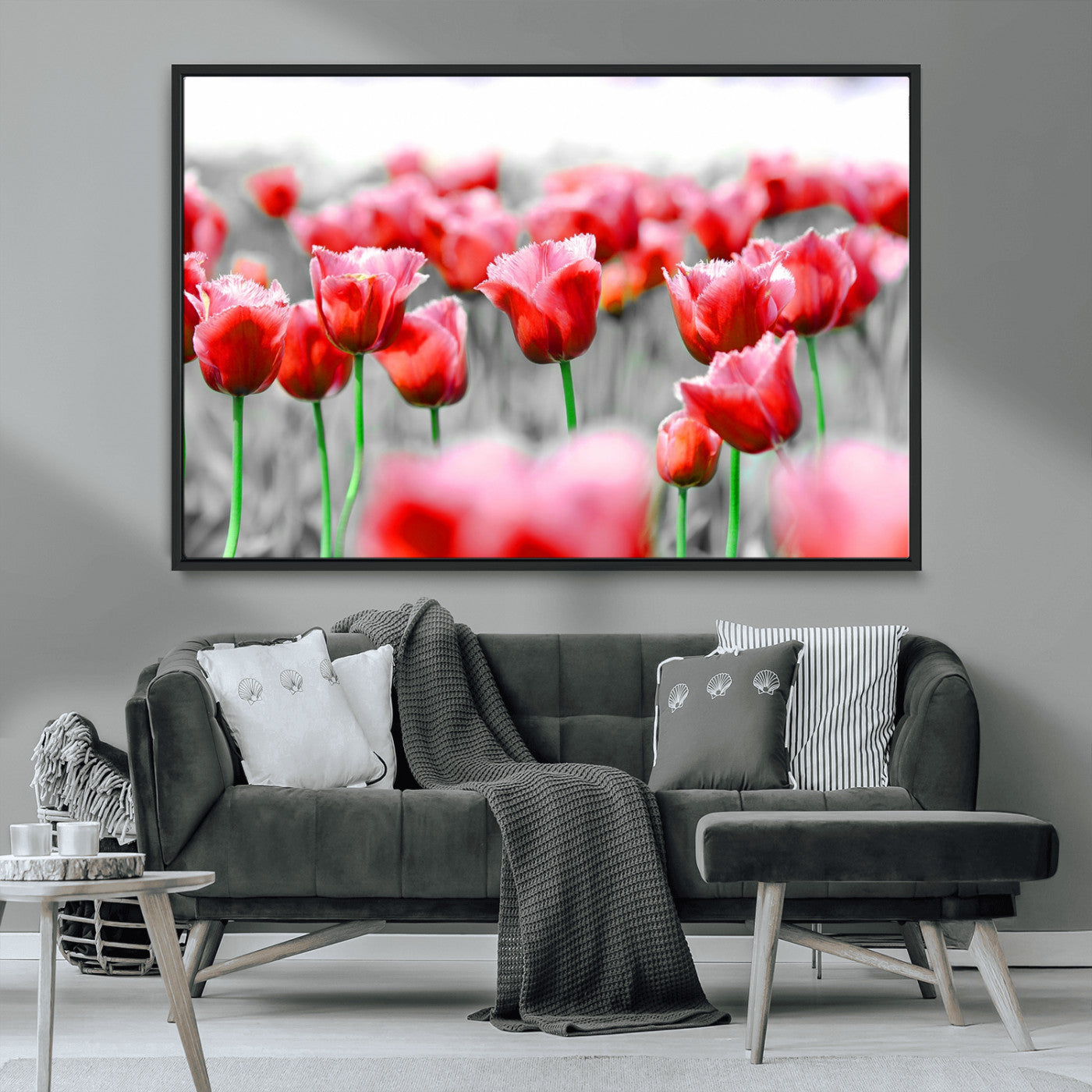 44554-MGV-CV-36X24-Vibrant red tulips stand out beautifully against a black-and-white background, making a striking decor piece perfect for any home
