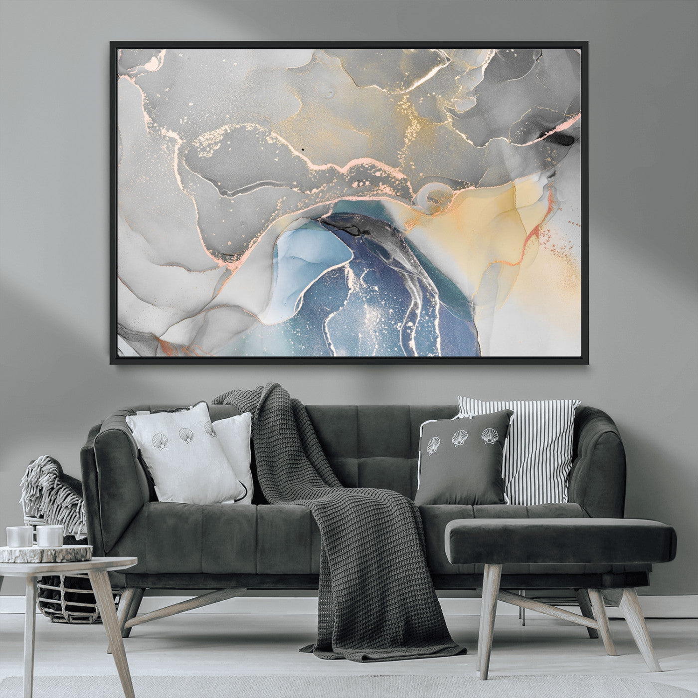 63211-MGV-CV-36X24-Abstract Fluid Art Wall Decor – Blue, Gray & Gold Canvas Print, Modern Home and Office Wall Art Decor for Living Room, Bedroom or