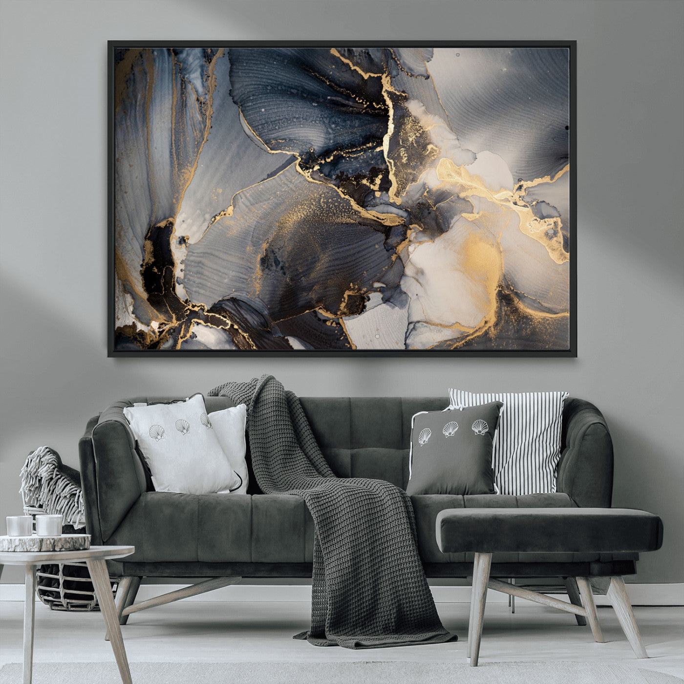 24068-MGV-CV-36X24-Luxury Abstract Wall Art – Gold & Gray Fluid Ink Painting Canvas, Modern Metallic Home Decor, Elegant Office or Living Room Accent