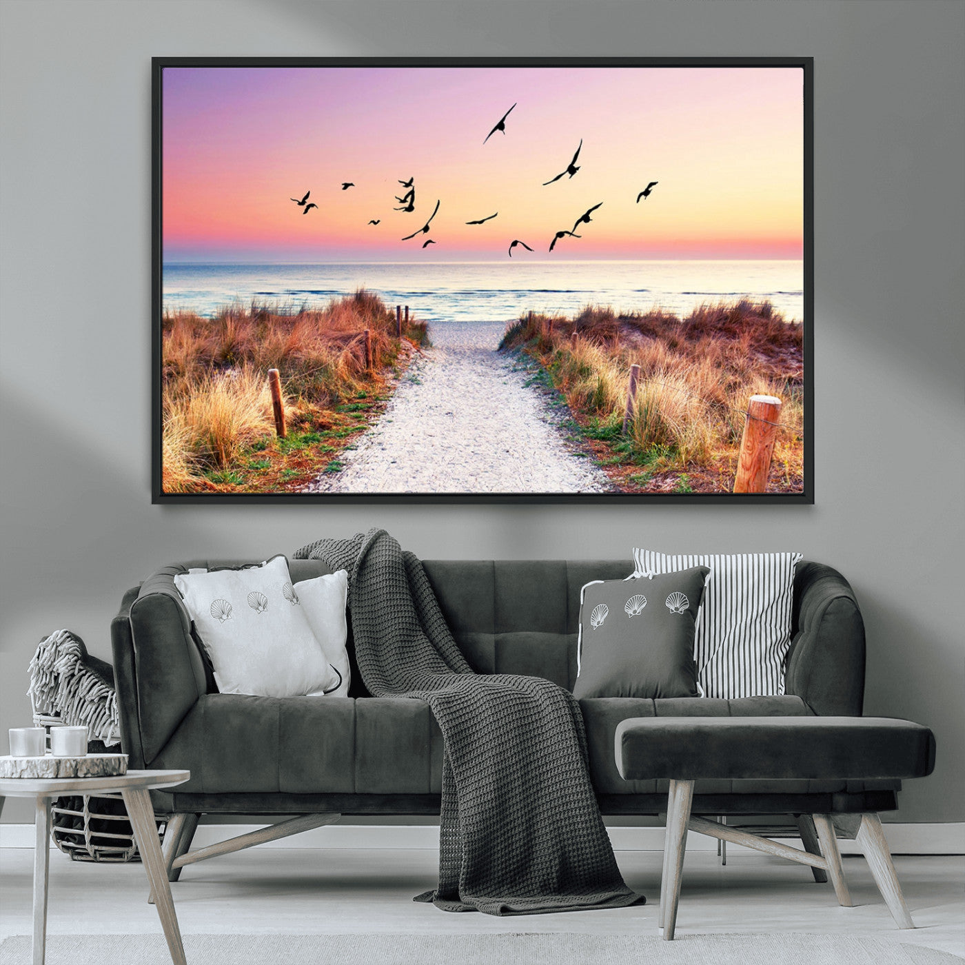 54411-MGV-FC-36X24_Black-Beach Path with Birds Wall Art – Coastal Sunset Ocean Canvas Print, Seaside Nature Landscape Photography for Living Room, Bedroom