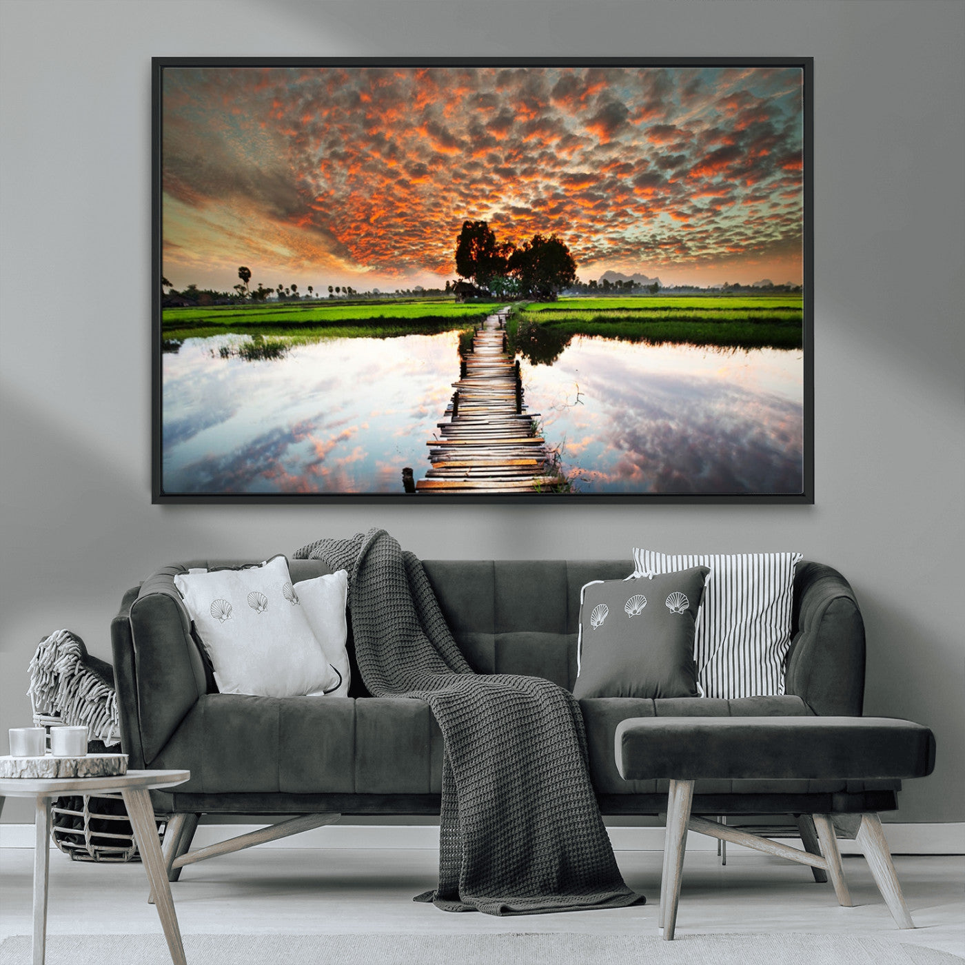 29105-MGV-FC-36X24_Black-Rustic Wooden Bridge Wall Art – Scenic Sunset Over Rice Fields and Reflective Water Canvas Print, Nature Landscape Decor for