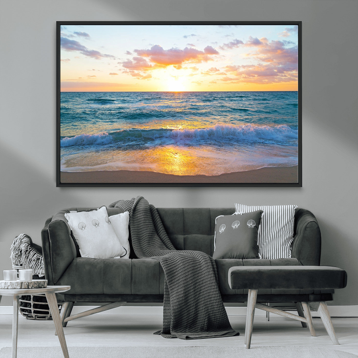 78006-MGV-FC-36X24_Black-Golden Sunrise Ocean Wall Art – Panoramic Beach Waves Canvas Print, Coastal Seascape Artwork for Living Room, Bedroom, Office, or