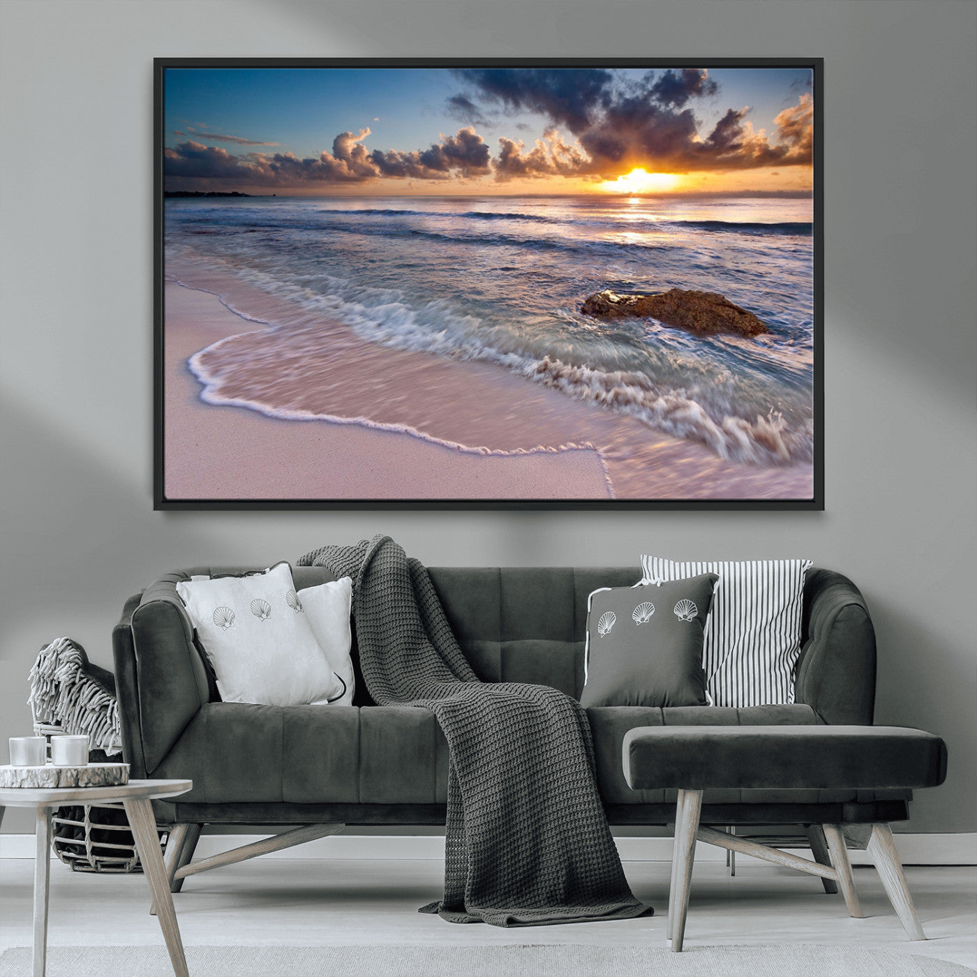 94906-MGV-FC-36X24_Black-Sunrise Beach Wall Art – Panoramic Ocean Waves Canvas Print, Coastal Sunset Seascape Artwork for Living Room, Bedroom, or Office