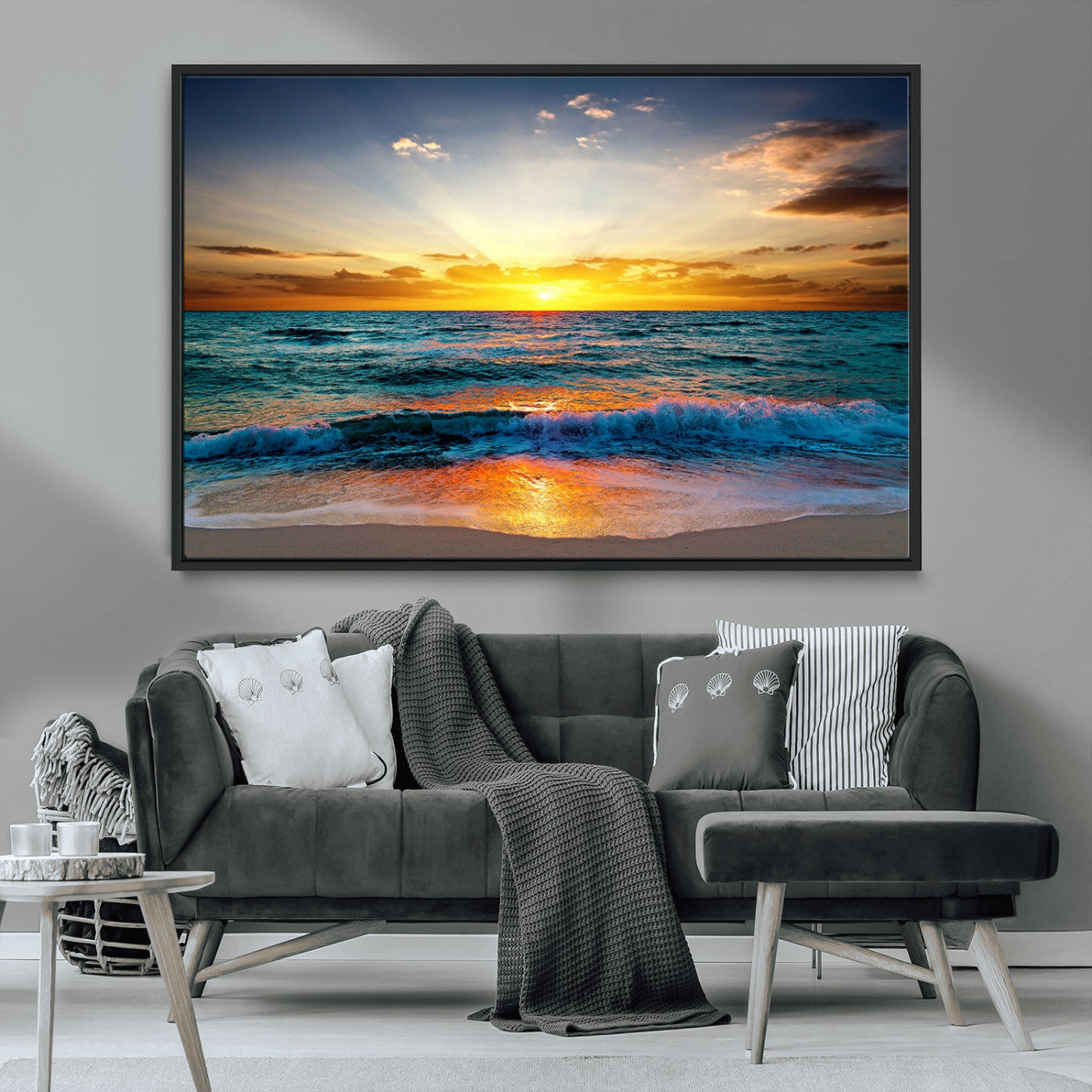 50627-MGV-FC-36X24_Black-Ocean Sunset Wall Art – Serene Beach Canvas Print with Waves and Golden Sky, Coastal Decor for Living Room or Office