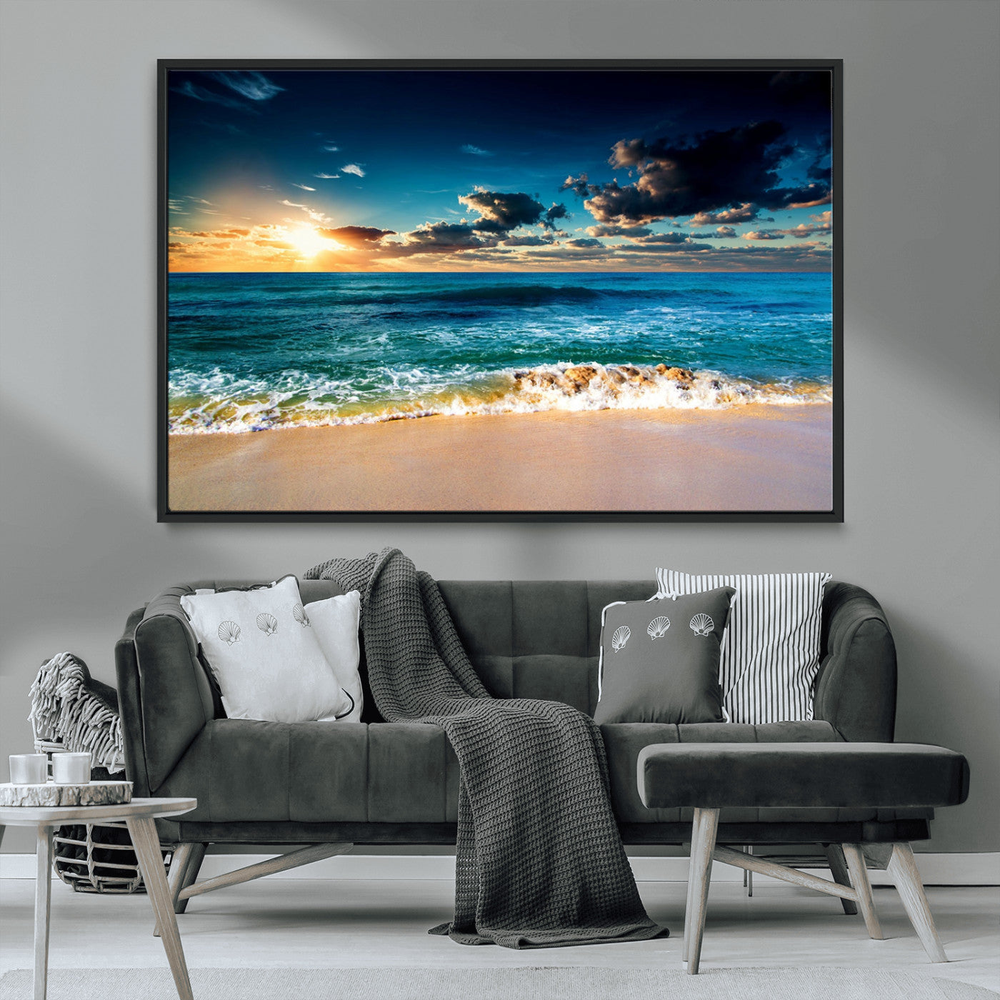 88985-MGV-FC-36X24_Black-Ocean Sunset Wall Art – Tranquil Beach Waves Canvas Print, Coastal Seascape Decor for Living Room or Office
