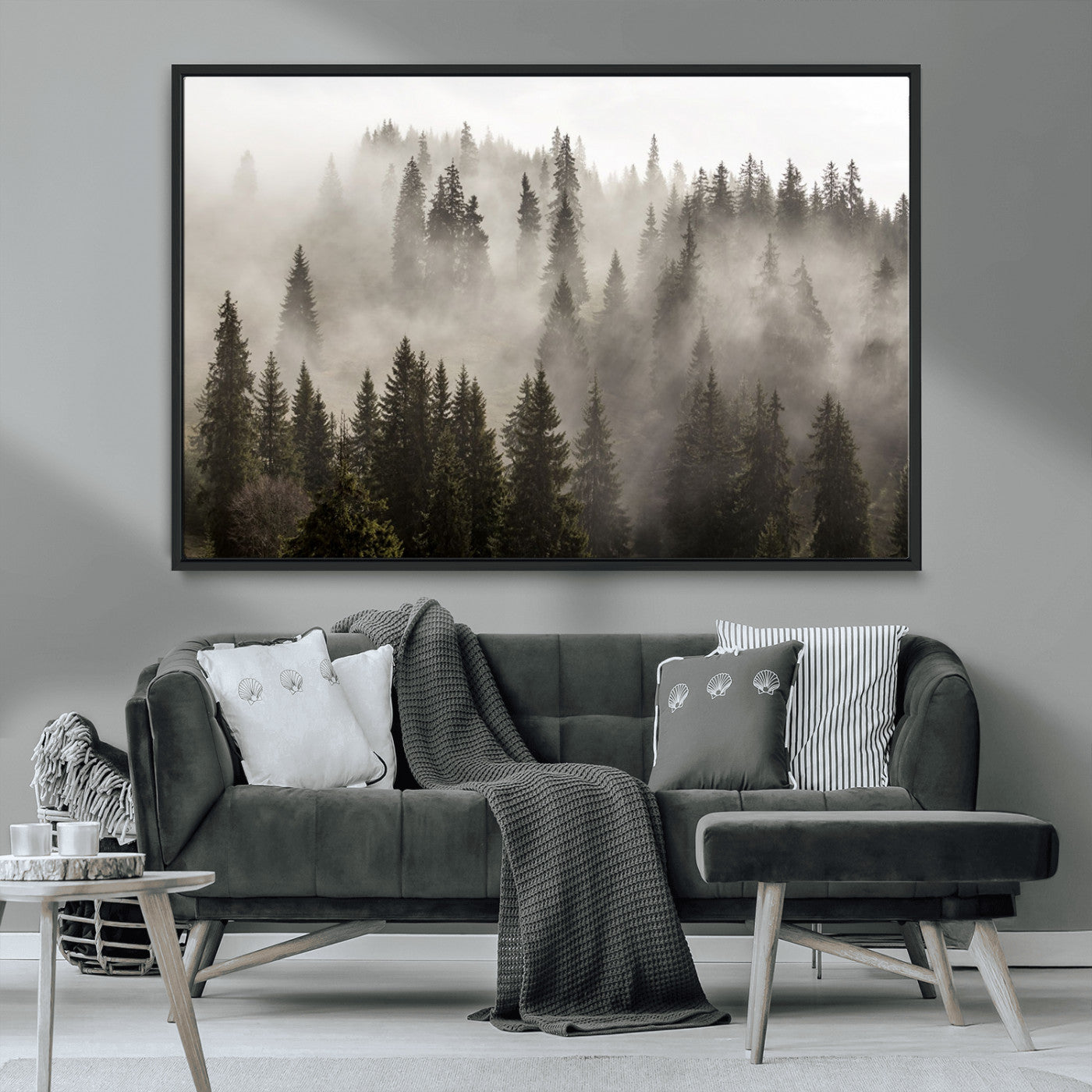62862-MGV-FC-36X24_Black-Misty Forest Wall Art – Tranquil Pine Tree Canvas Print with Mountain Fog, Nature Landscape Artwork for Living Room, Bedroom, or
