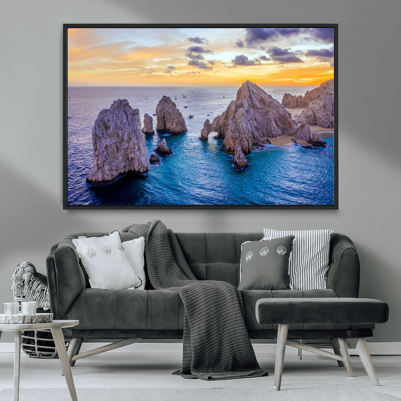 72955-MGV-FC-36X24_Black-Ocean Rock Formation Wall Art – Sunset Coastal Seascape Print, Beach Landscape Decor for Living Room or Office
