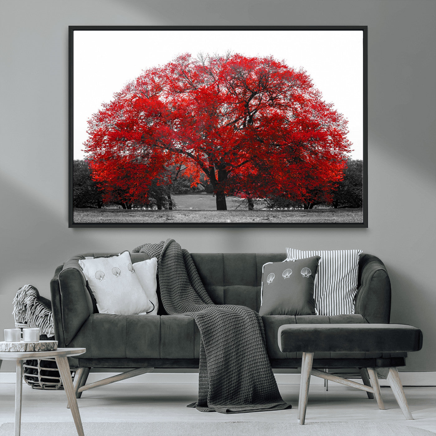 80021-MGV-CV-36X24-Red Tree Wall Art – Striking Black and White Landscape Canvas Print with Vibrant Red Leaves, Modern Nature Decor for Living Room