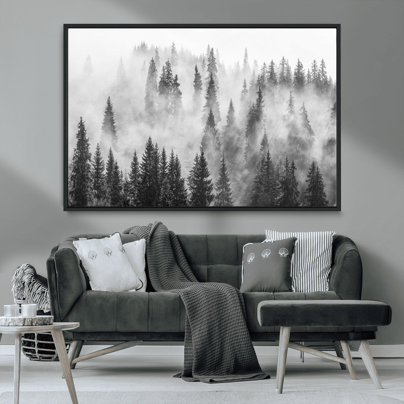 10422-MGV-CV-36X24-Misty Pine Forest Wall Art – Black and White Foggy Landscape Canvas Print, Serene Nature Woodland Decor for Bedroom, Office or