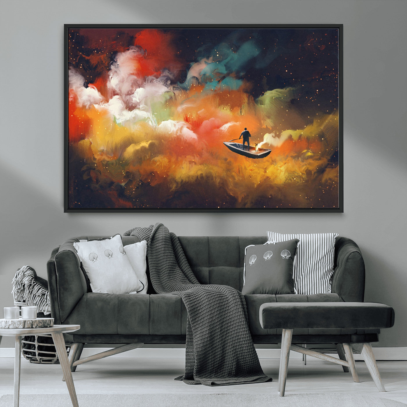 45085-MGV-CV-36X24-Surreal Cosmic Wall Art – Abstract Galaxy Dreamscape Canvas Print with Man and Dog in Boat, Fantasy Nebula Painting for Living
