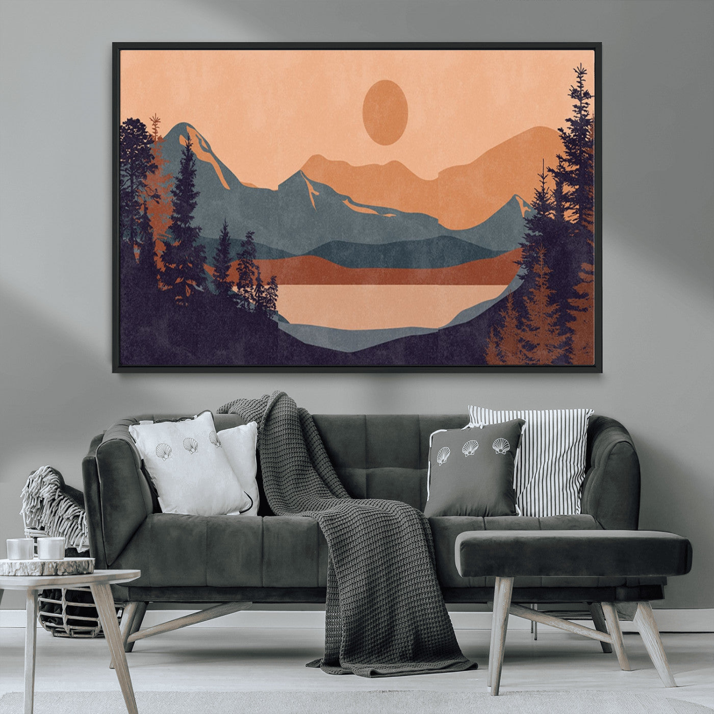 62795-MGV-FC-36X24_Black-Minimalist Mountain Landscape Wall Art – Abstract Sunset Over Peaks and Pine Trees Canvas Print, Modern Nature Decor for Living