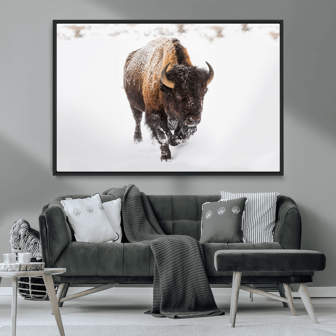 19889-MGV-FC-36X24_Black-Snow Bison Wall Art – Majestic Buffalo Winter Landscape Canvas Print, Rustic Wildlife Photography Decor for Cabin, Lodge, Living