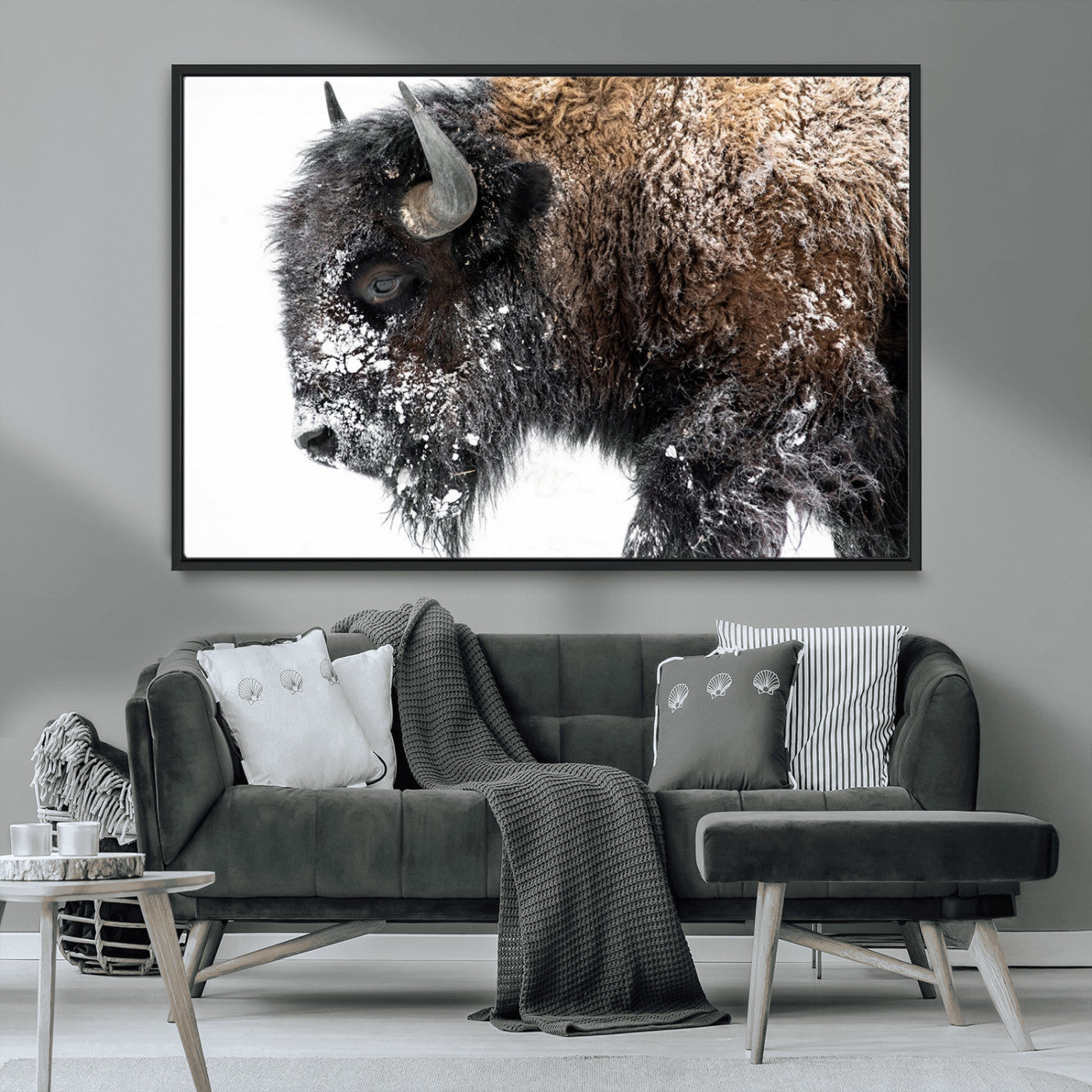 24304-MGV-CV-36X24-Bison Wall Art Canvas Print, Framed Winter Bison Art Picture Print, Snowy Buffalo Perfect Rustic Farmhouse Decor Artwork