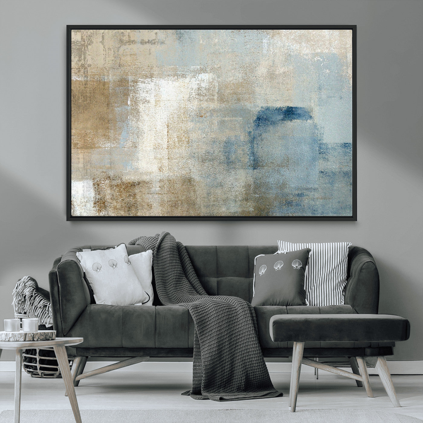 38126-MGV-FC-36X24_Black-Neutral Abstract Wall Art – Modern Beige and Blue Canvas Print and Minimalist Textured Painting for Living Room, Bedroom or Office