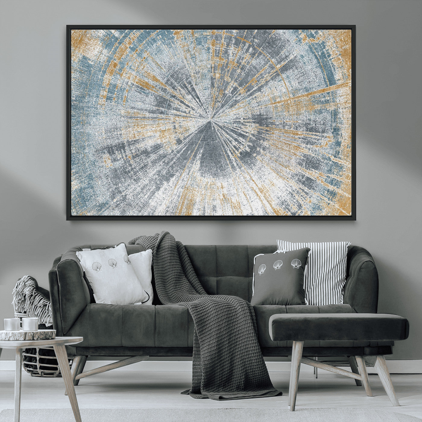 17631-MGV-FC-36X24_Black-Radiant Burst Wall Art – Abstract Sunburst Canvas Print in Blue and Gold, Modern Geometric Painting for Living Room, Office or