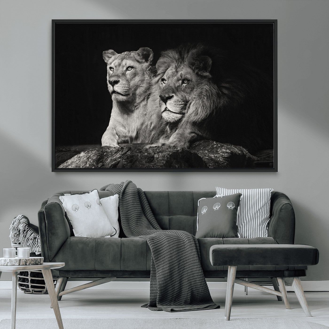 80013-MGV-FC-36X24_Black-Lion and Lioness Wall Art – Black and White Wildlife Photography Canvas Print, African Safari Animal Decor for Office, Bedroom