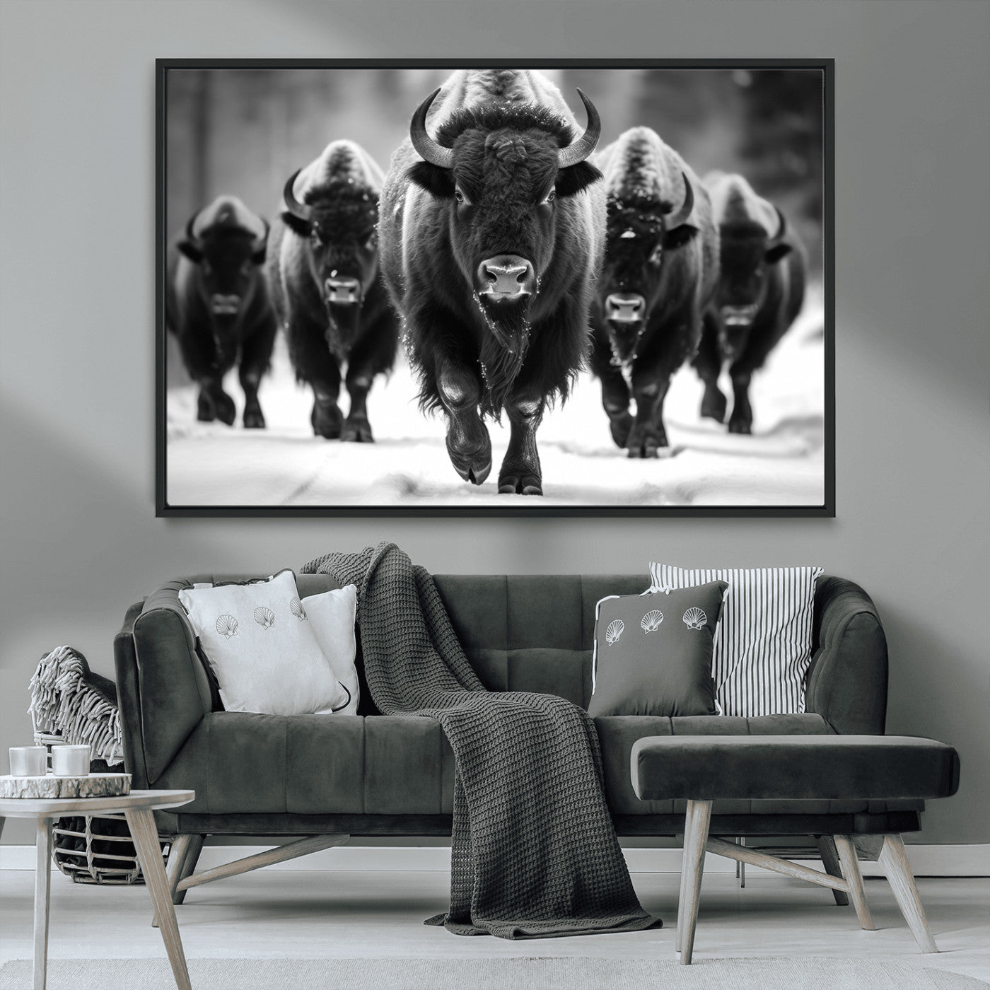 79872-MGV-CV-36X24-Bison Herd Wall Art – Black and White Buffalo on Snow Canvas Print, Rustic Wildlife Decor for Lodge, Cabin, or Living Room