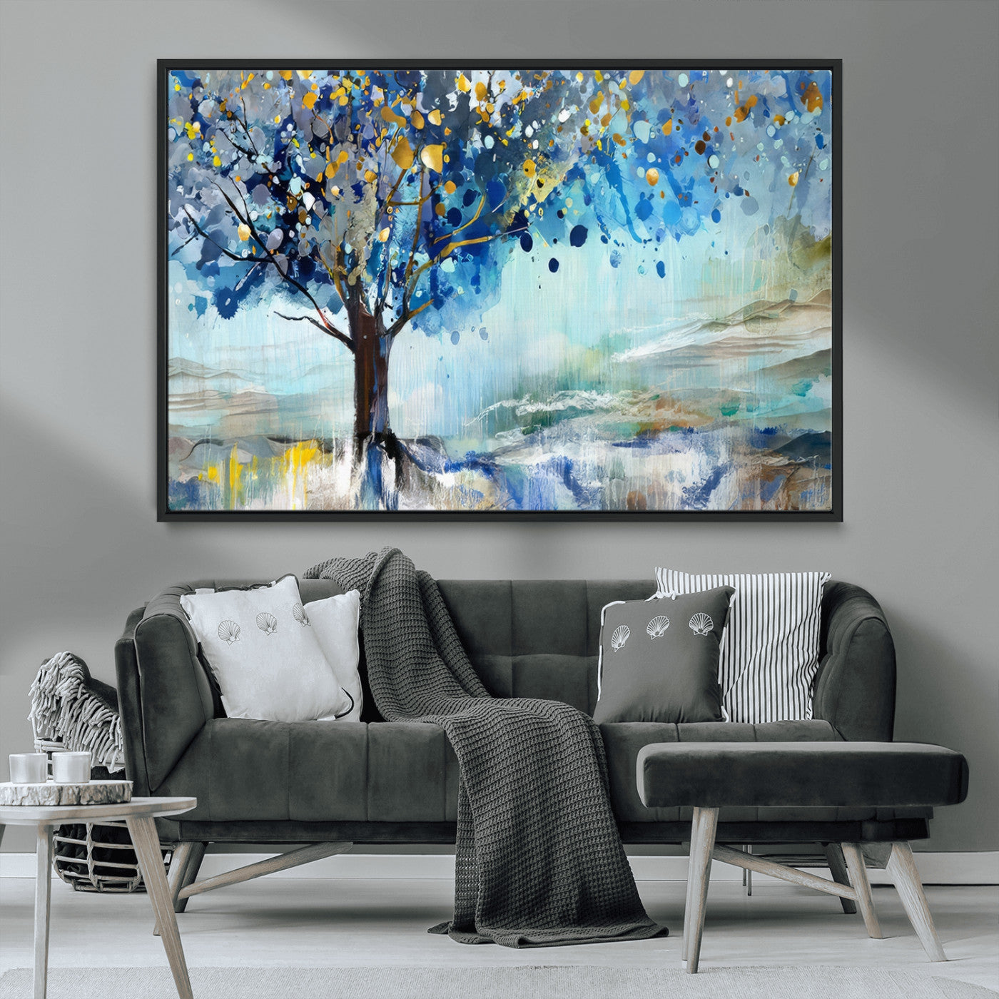 17018-MGV-CV-36X24-Abstract Blue Tree Wall Art – Colorful Canvas Painting with Gold and Silver Accents, Modern Nature Artwork for Living Room,