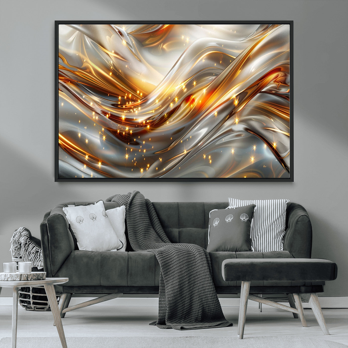 Lines1-MGV-CV-36X24-Abstract Metallic Wall Art – Silver and Gold Wave Canvas Print with Sparkling Accents, Modern Luxury Decor for Living Room, Office