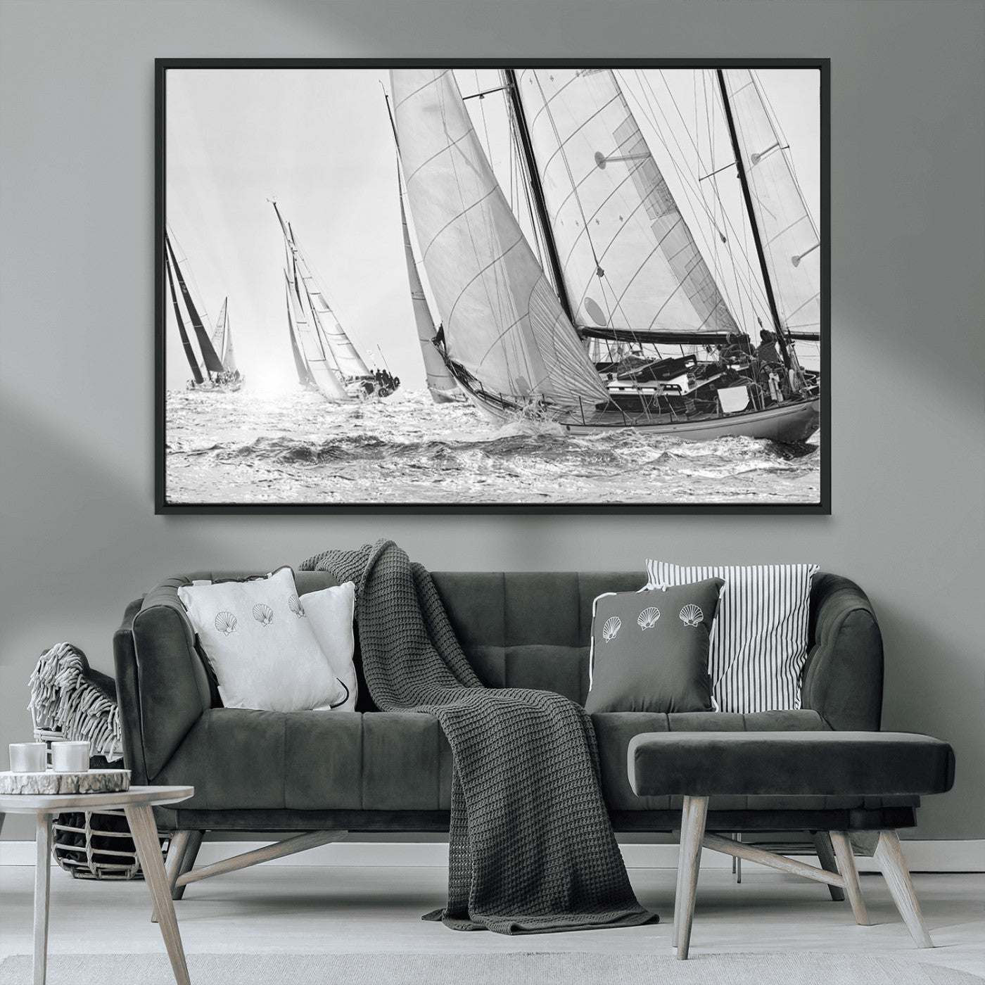 Boat-1-MGV-CV-36X24-Sailboat Racing Wall Art – Nautical Black and White Canvas Print, Ocean Adventure Decor for Office, Living Room or Bedroom