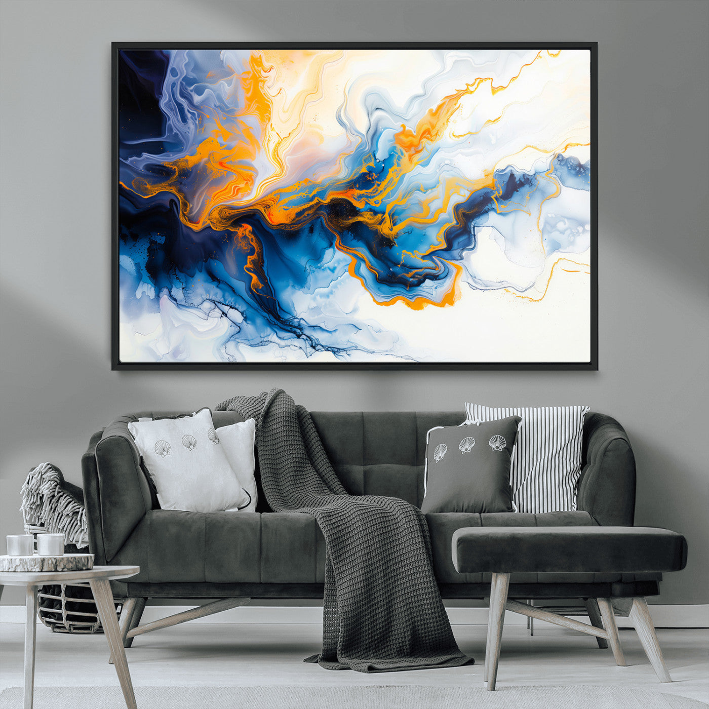 83720-MGV-CV-36X24-Abstract Fluid Wall Art – Blue, White and Gold Swirl Canvas Painting, Modern Contemporary Artwork for Living Room, Bedroom or